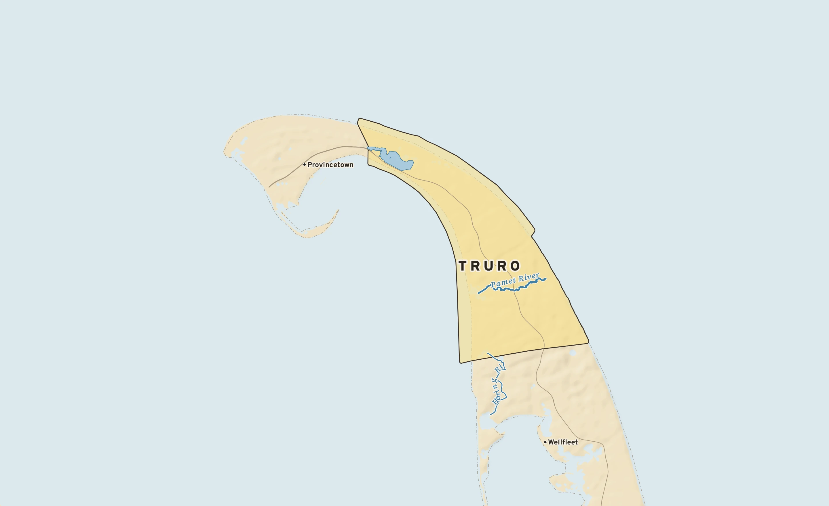 Shaded-relief atlas plate of Truro, Massachusetts: rivers, roads, the city limits and where the water drains.