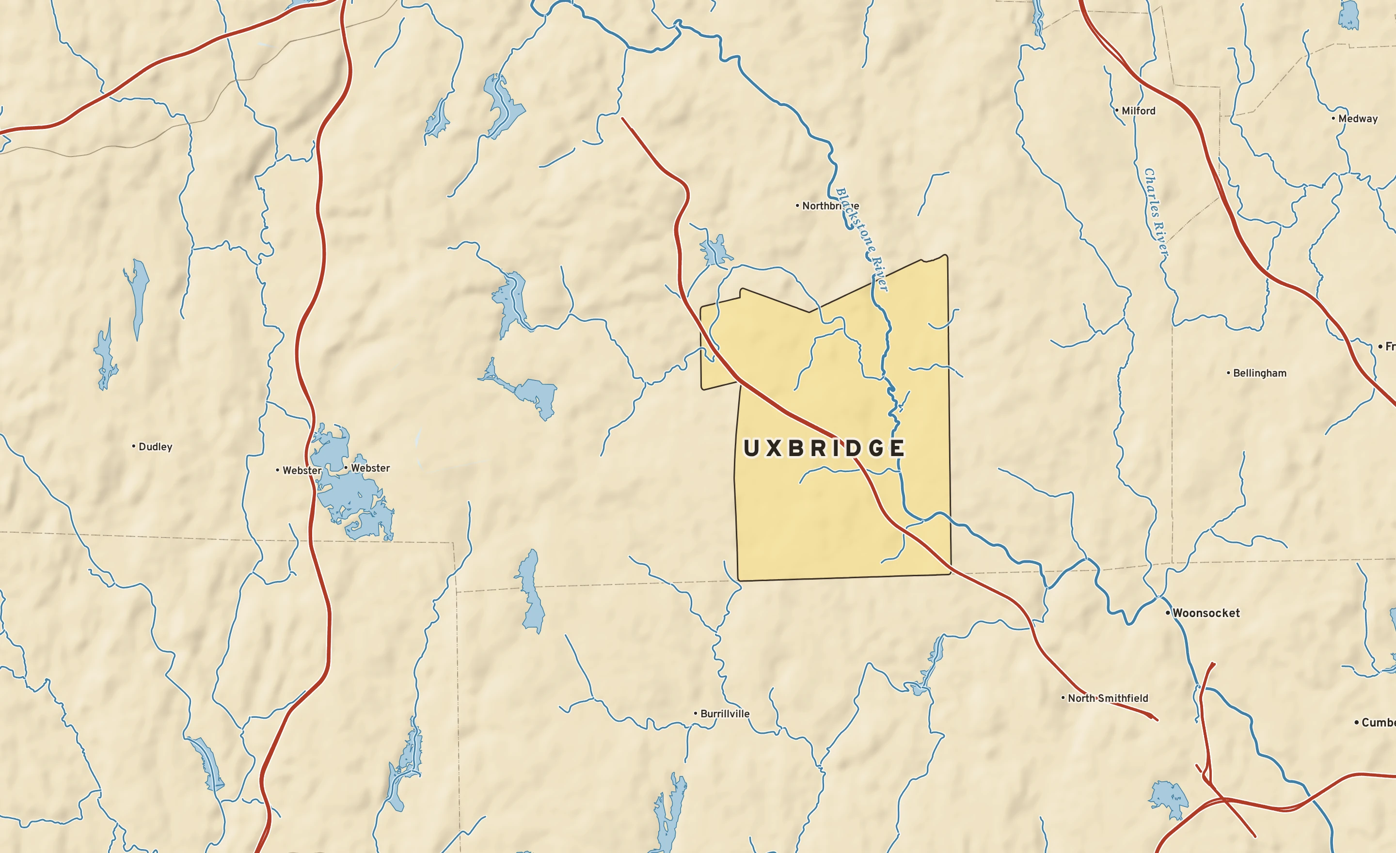 Shaded-relief atlas plate of Uxbridge, Massachusetts: rivers, roads, the city limits and where the water drains.