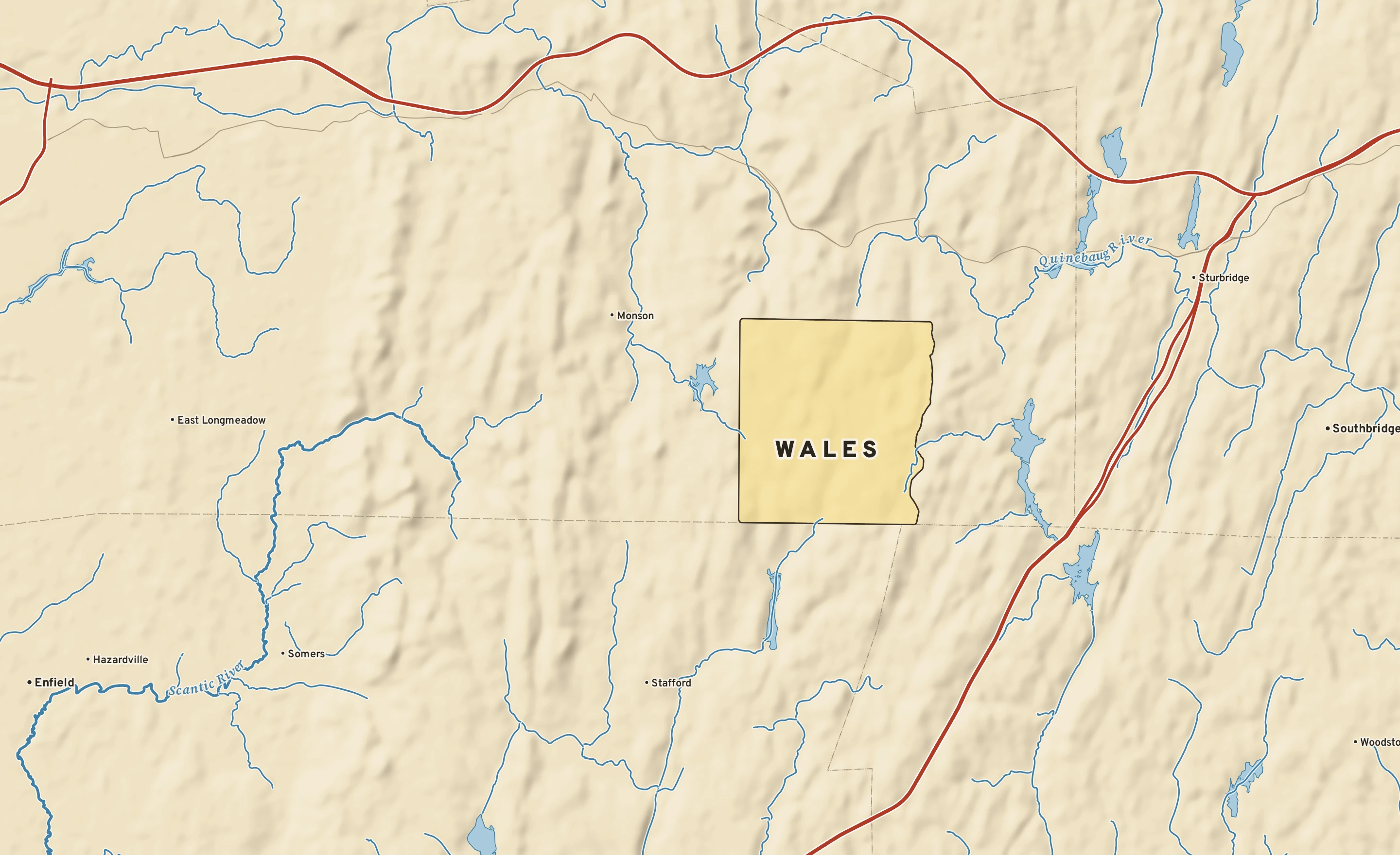 Shaded-relief atlas plate of Wales, Massachusetts: rivers, roads, the city limits and where the water drains.