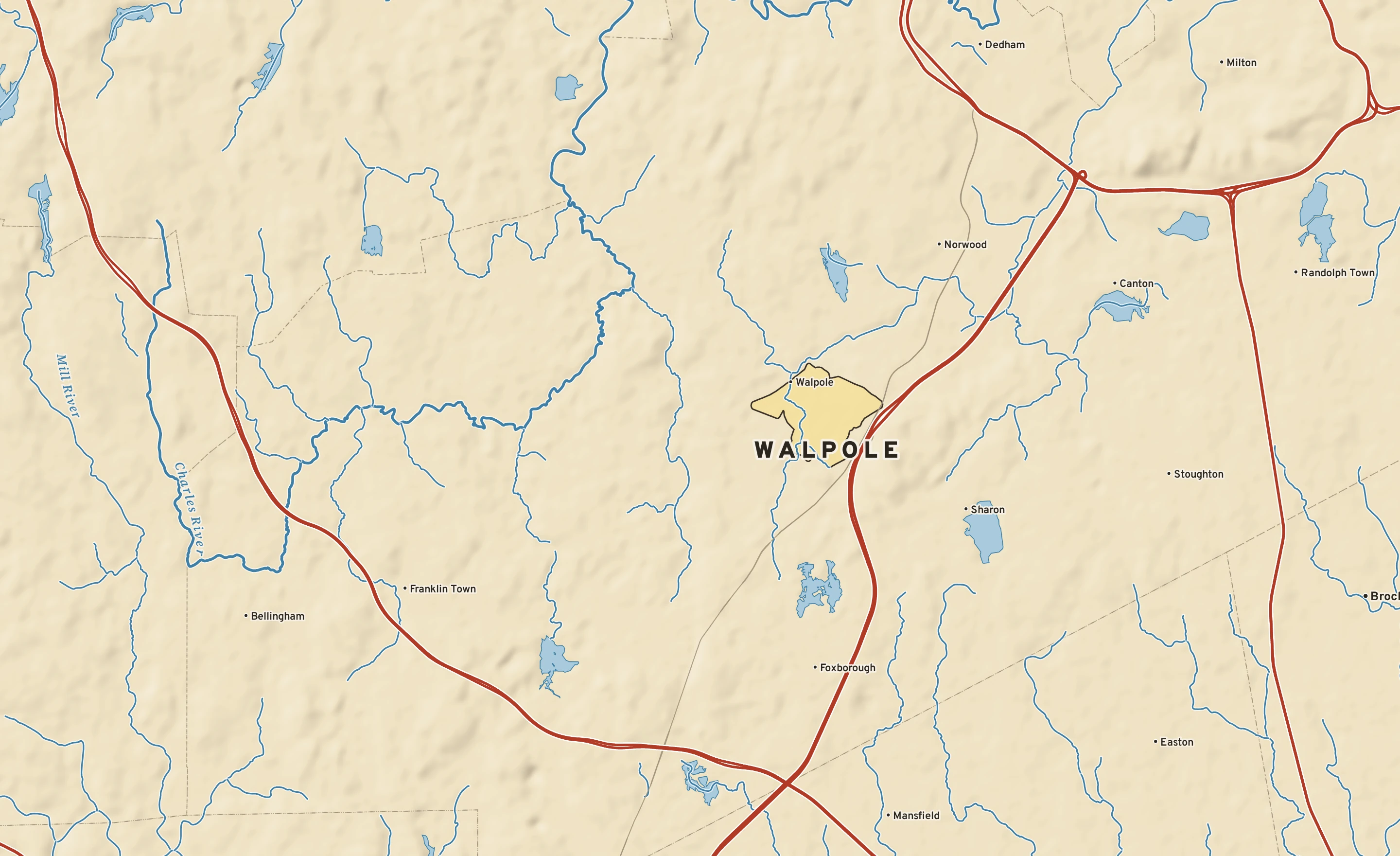 Shaded-relief atlas plate of Walpole, Massachusetts: rivers, roads, the city limits and where the water drains.