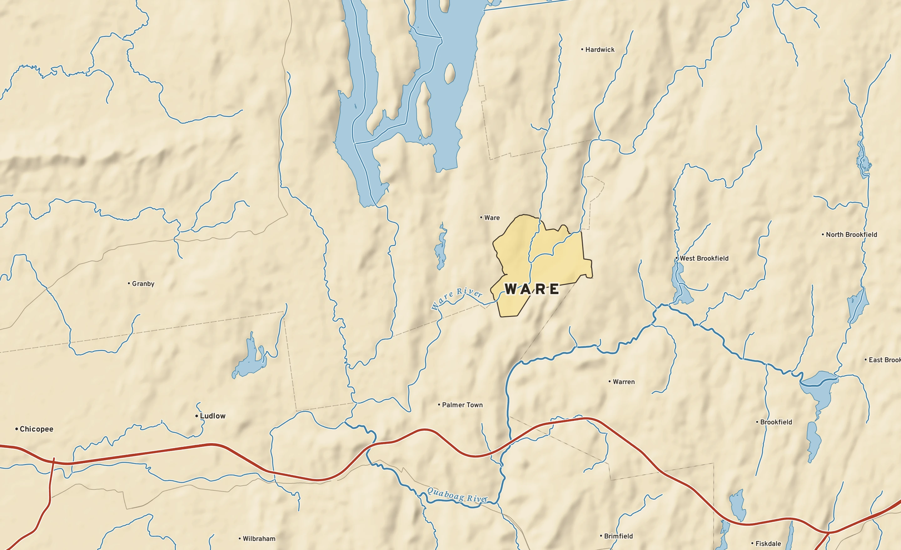 Shaded-relief atlas plate of Ware, Massachusetts: rivers, roads, the city limits and where the water drains.