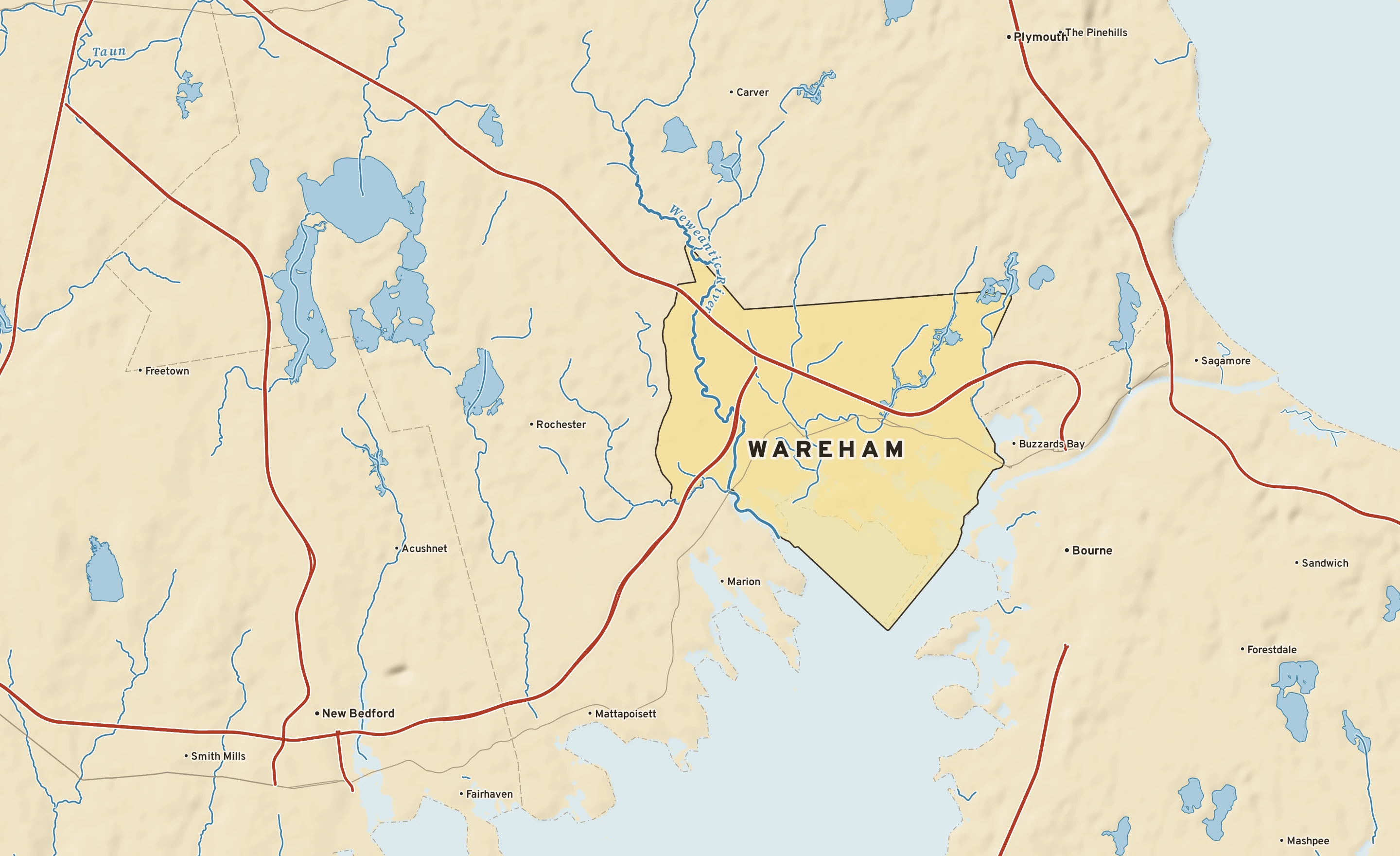Shaded-relief atlas plate of Wareham, Massachusetts: rivers, roads, the city limits and where the water drains.