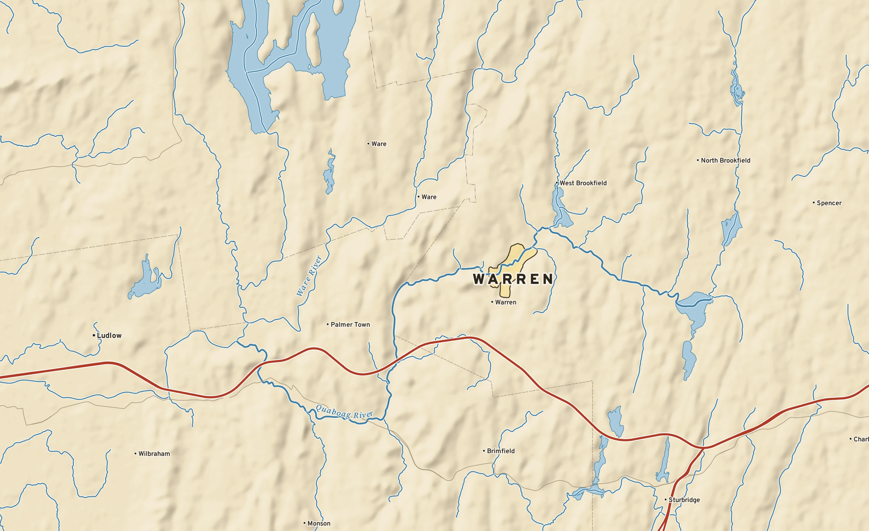 Shaded-relief atlas plate of Warren, Massachusetts: rivers, roads, the city limits and where the water drains.