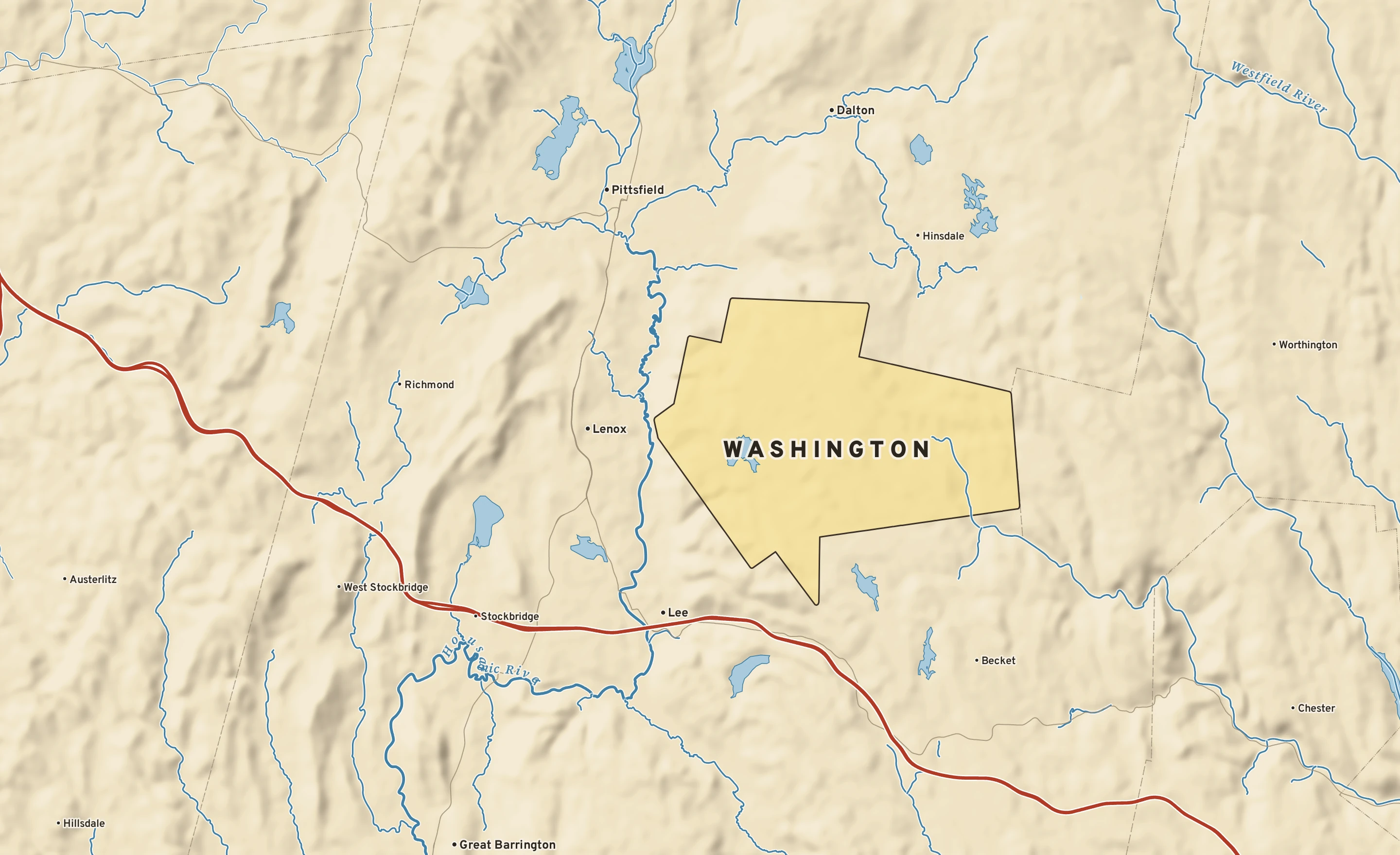 Shaded-relief atlas plate of Washington, Massachusetts: rivers, roads, the city limits and where the water drains.