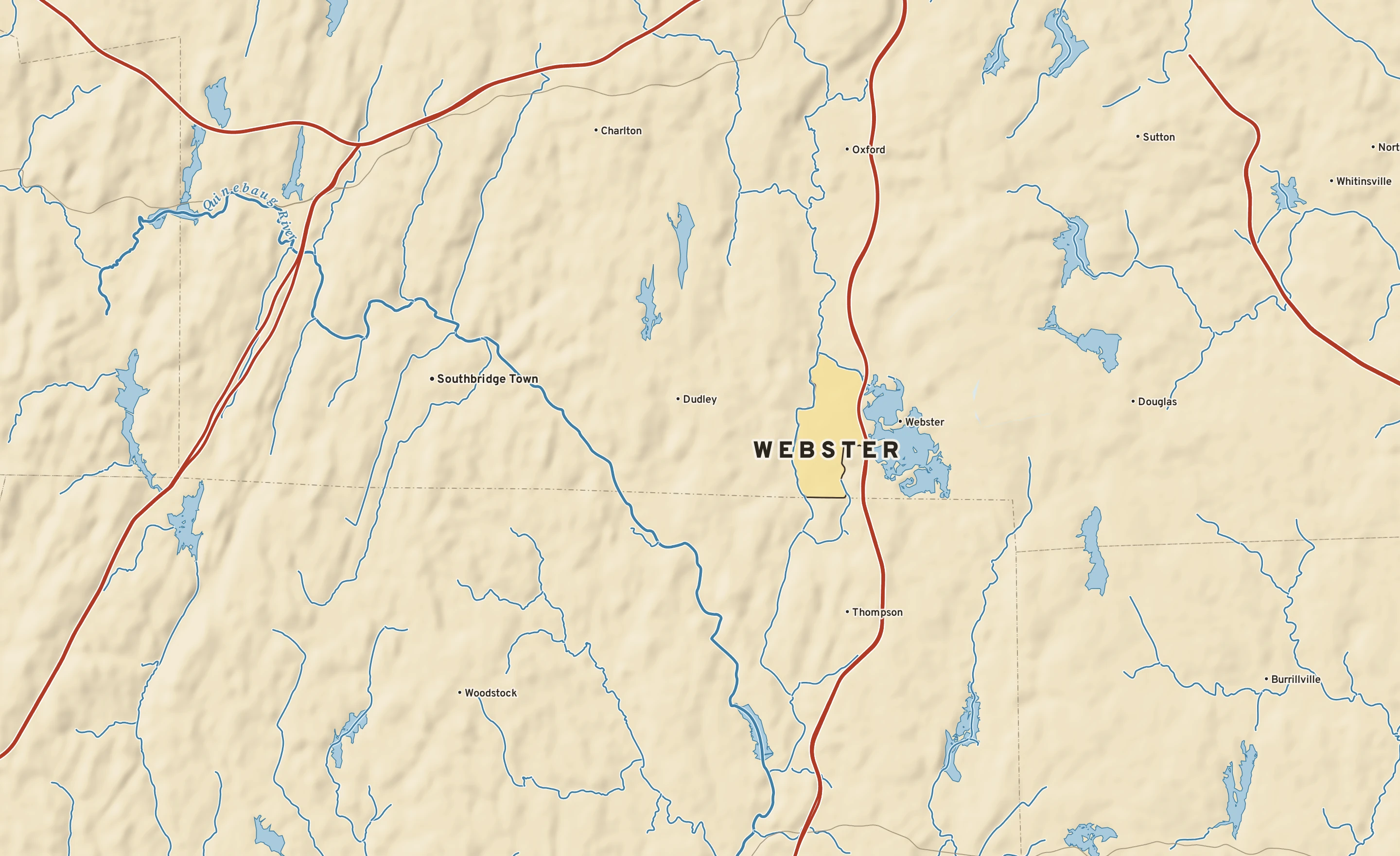 Shaded-relief atlas plate of Webster, Massachusetts: rivers, roads, the city limits and where the water drains.