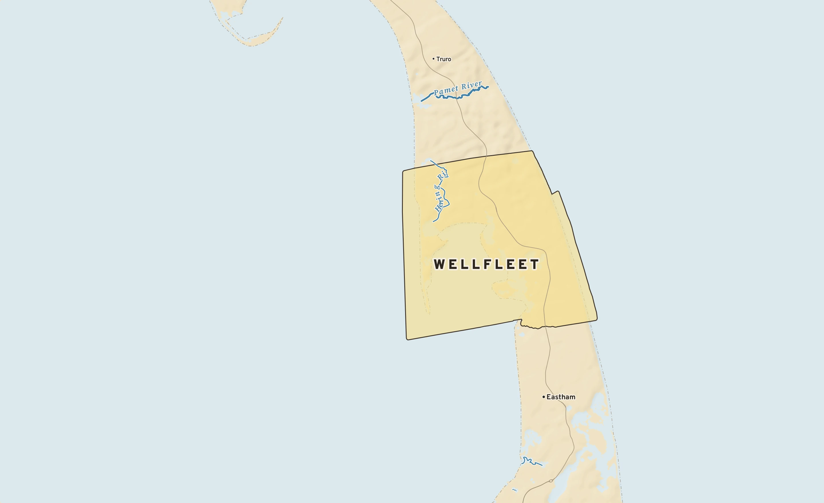 Shaded-relief atlas plate of Wellfleet, Massachusetts: rivers, roads, the city limits and where the water drains.