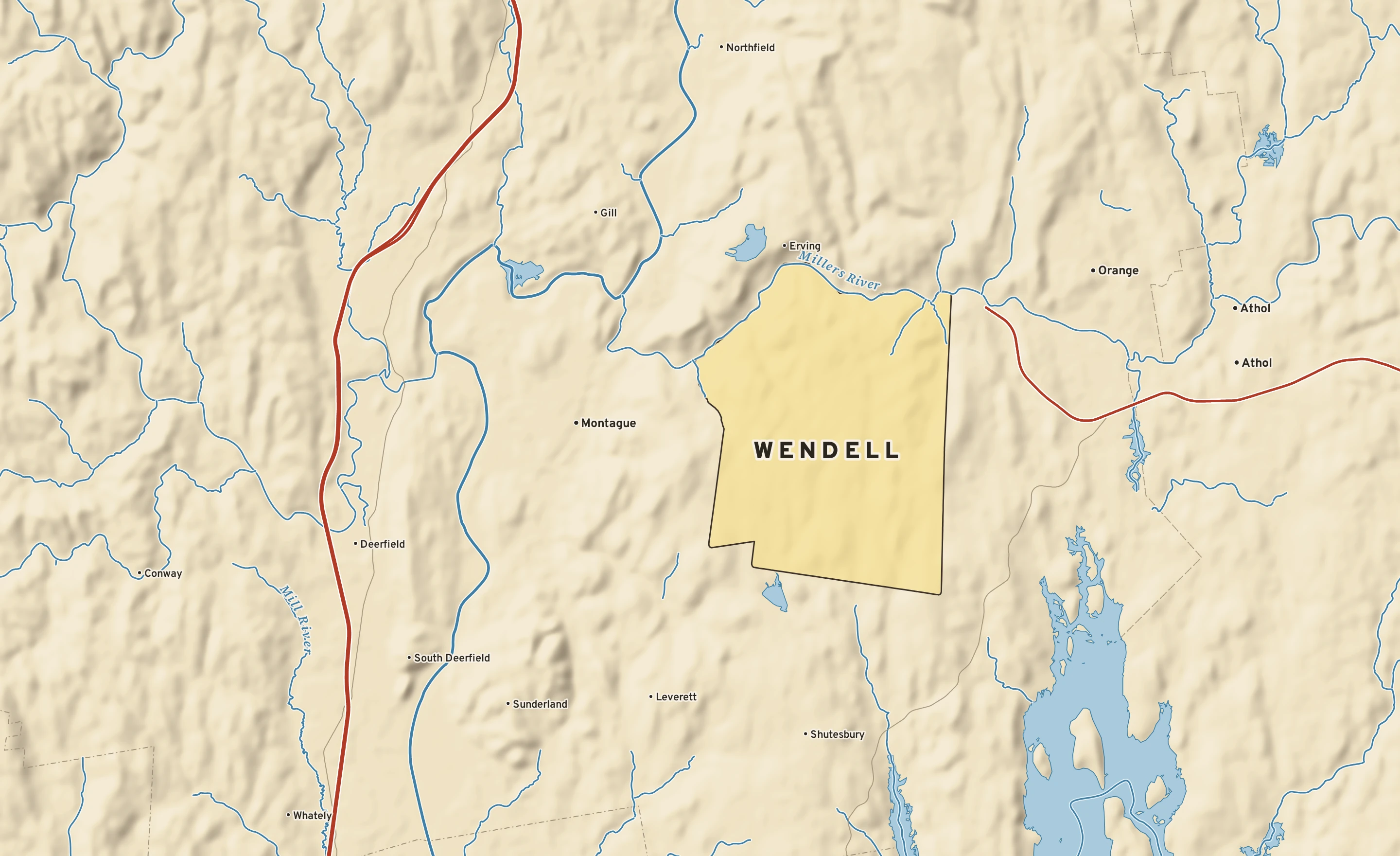 Shaded-relief atlas plate of Wendell, Massachusetts: rivers, roads, the city limits and where the water drains.