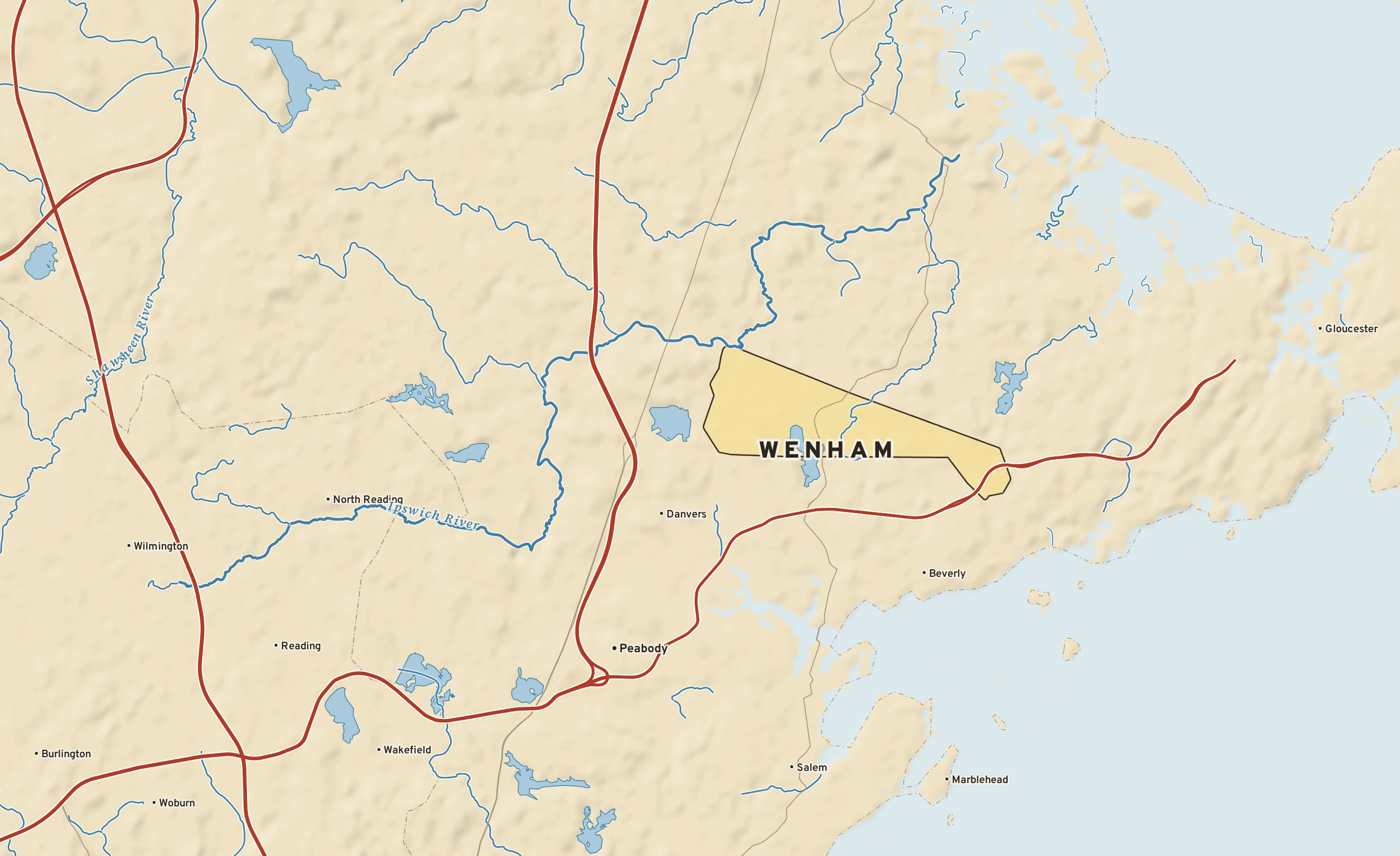 Shaded-relief atlas plate of Wenham, Massachusetts: rivers, roads, the city limits and where the water drains.