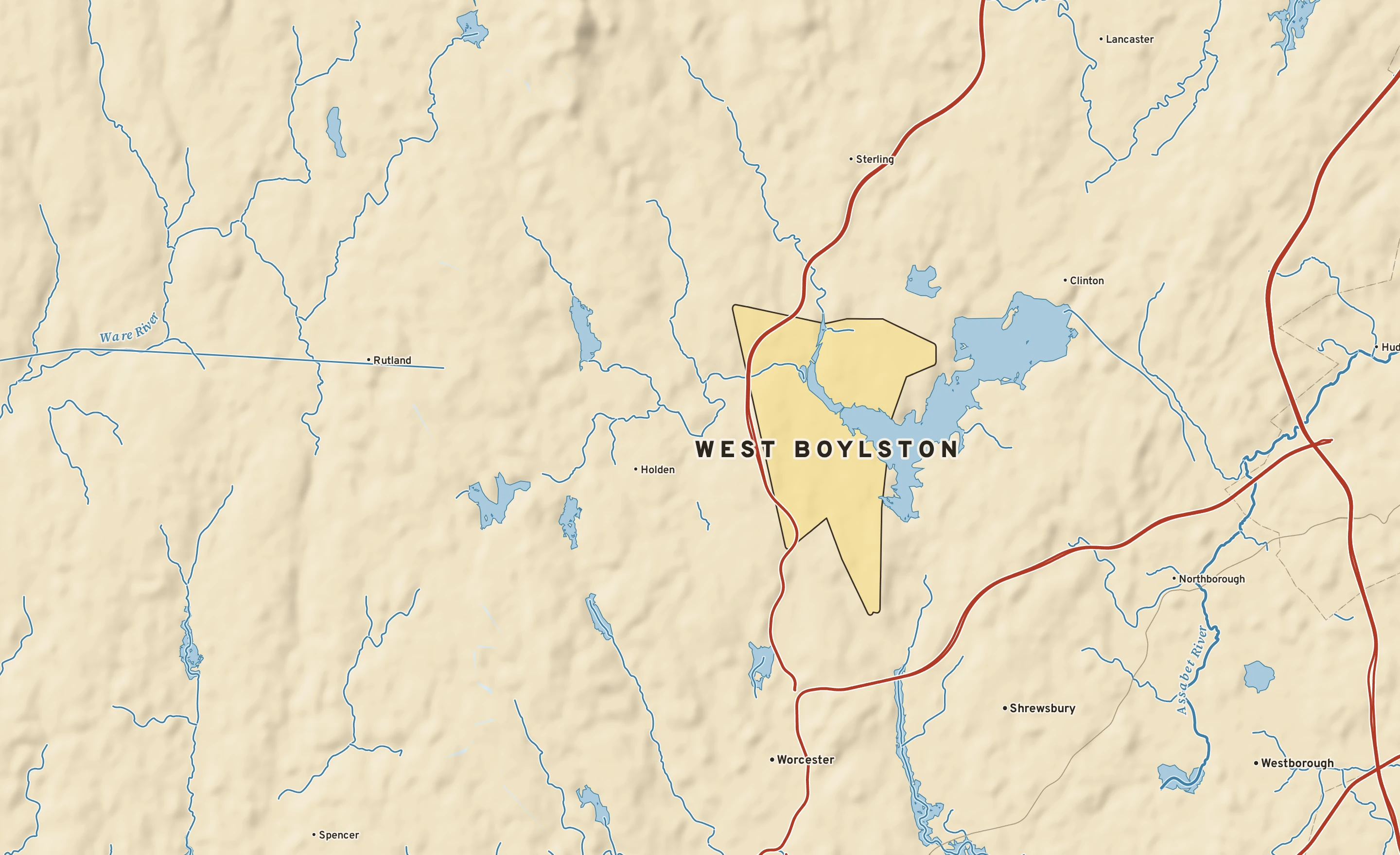 Shaded-relief atlas plate of West Boylston, Massachusetts: rivers, roads, the city limits and where the water drains.