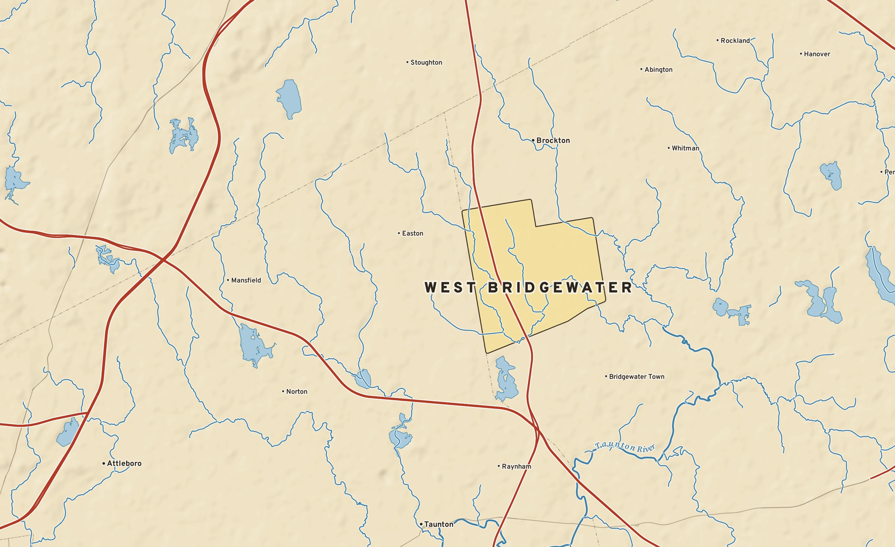 Shaded-relief atlas plate of West Bridgewater, Massachusetts: rivers, roads, the city limits and where the water drains.
