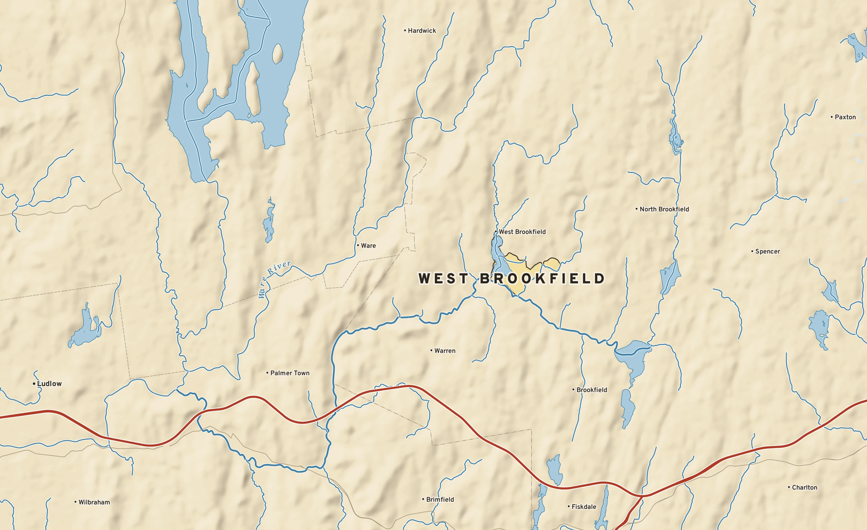 Shaded-relief atlas plate of West Brookfield, Massachusetts: rivers, roads, the city limits and where the water drains.