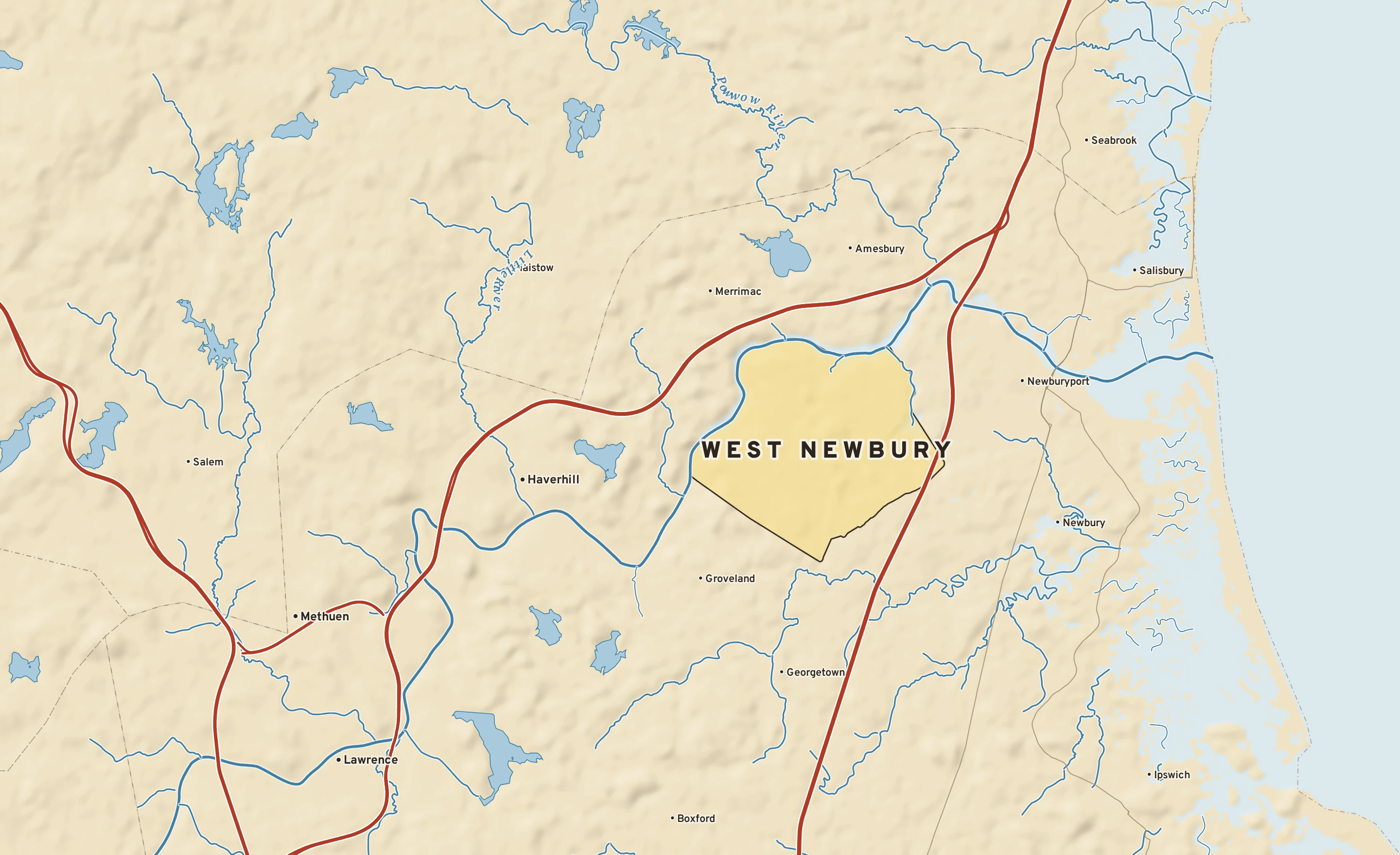 Shaded-relief atlas plate of West Newbury, Massachusetts: rivers, roads, the city limits and where the water drains.