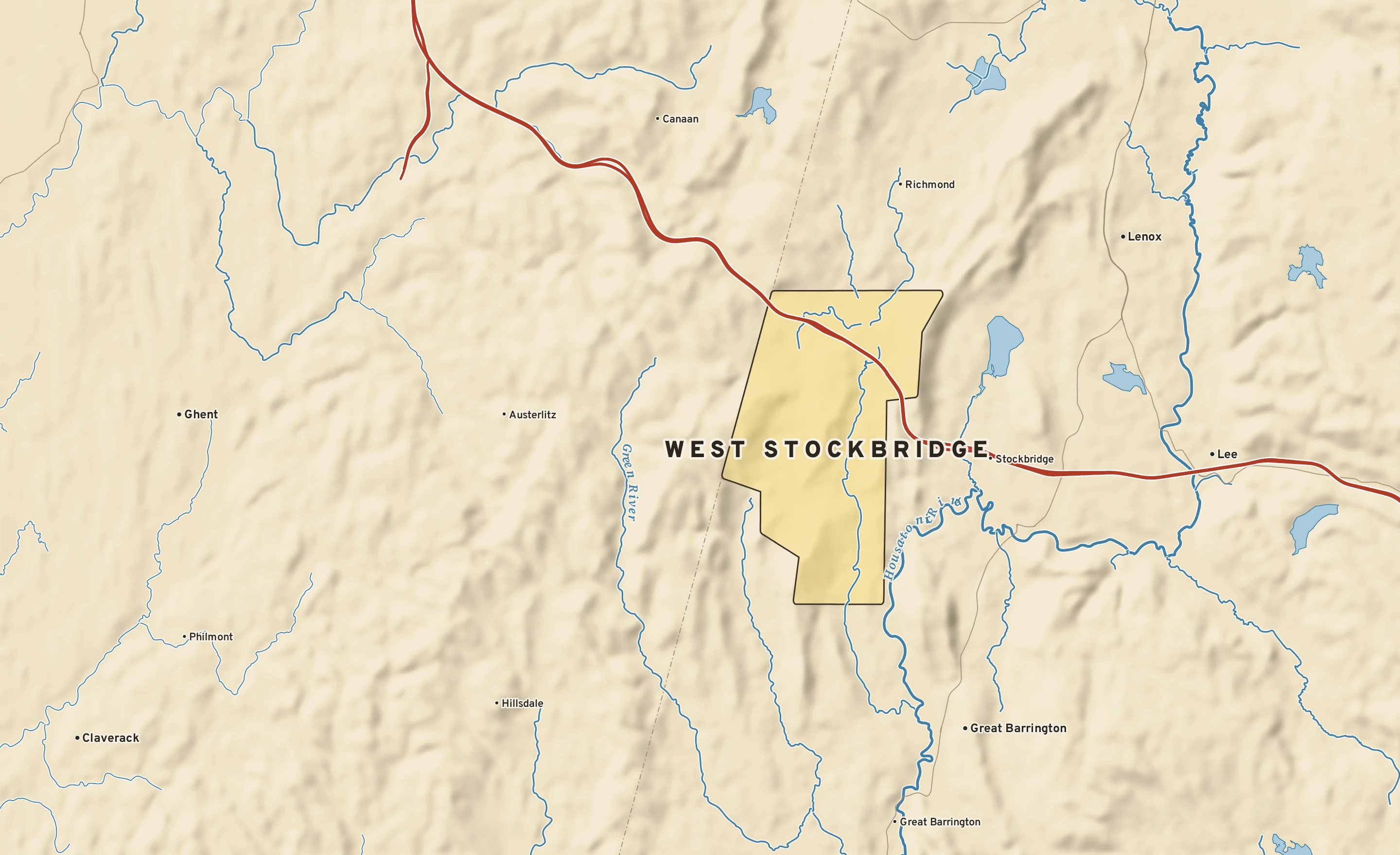 Shaded-relief atlas plate of West Stockbridge, Massachusetts: rivers, roads, the city limits and where the water drains.
