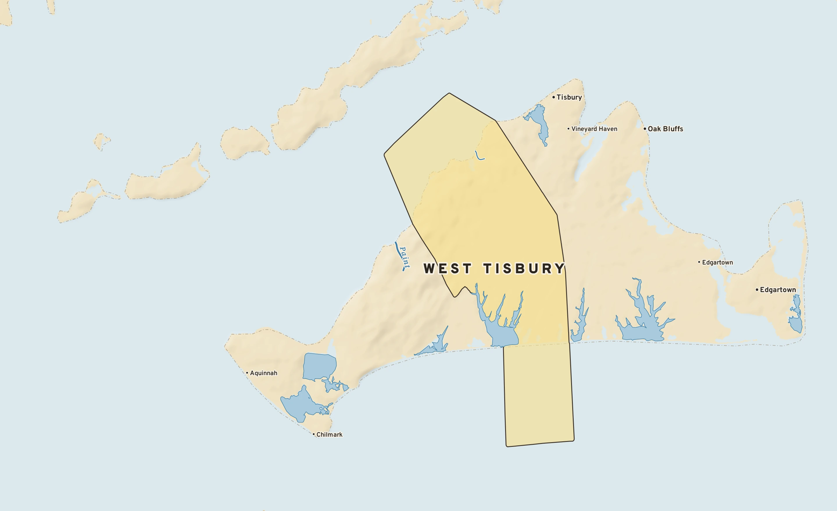 Shaded-relief atlas plate of West Tisbury, Massachusetts: rivers, roads, the city limits and where the water drains.