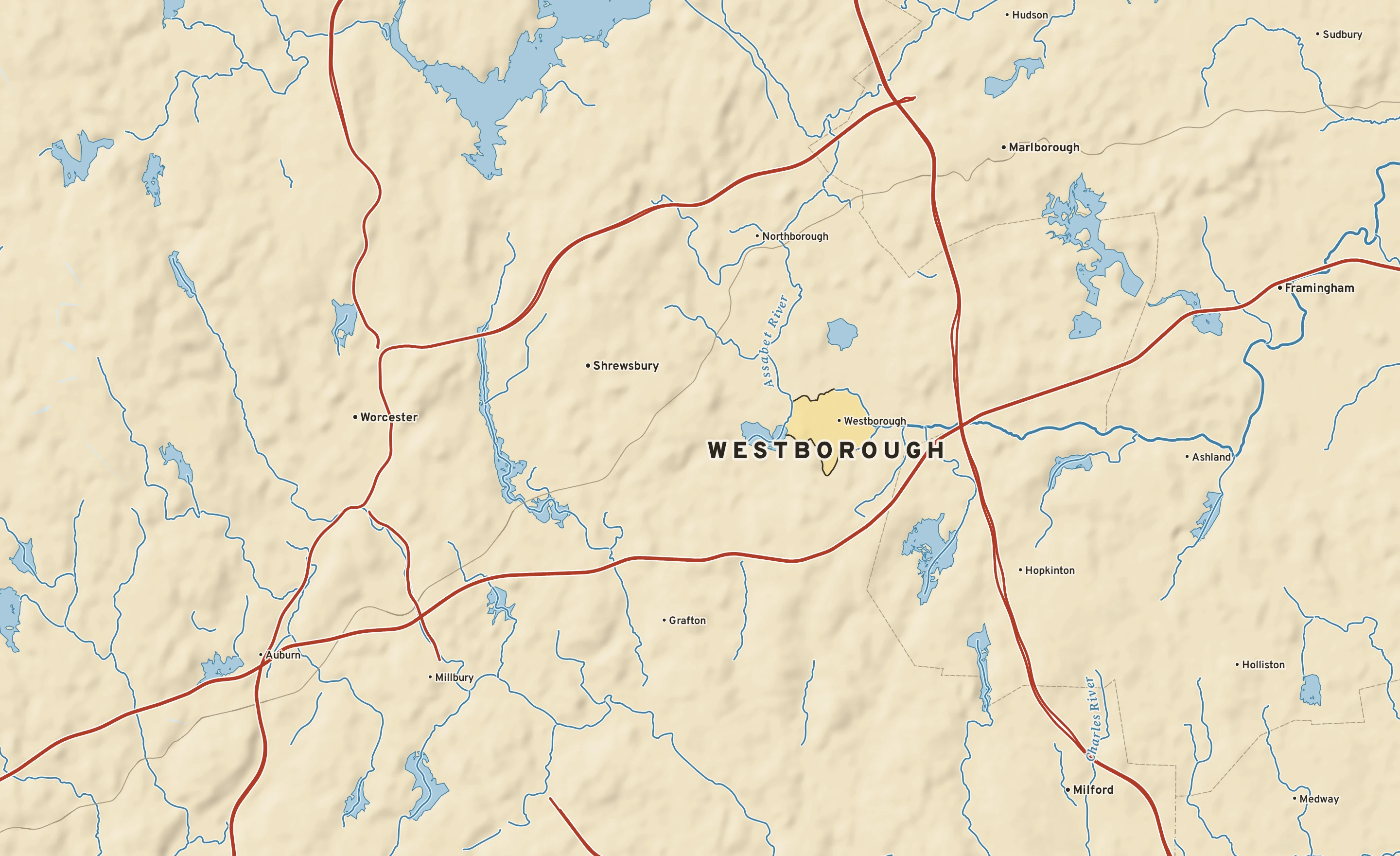 Shaded-relief atlas plate of Westborough, Massachusetts: rivers, roads, the city limits and where the water drains.