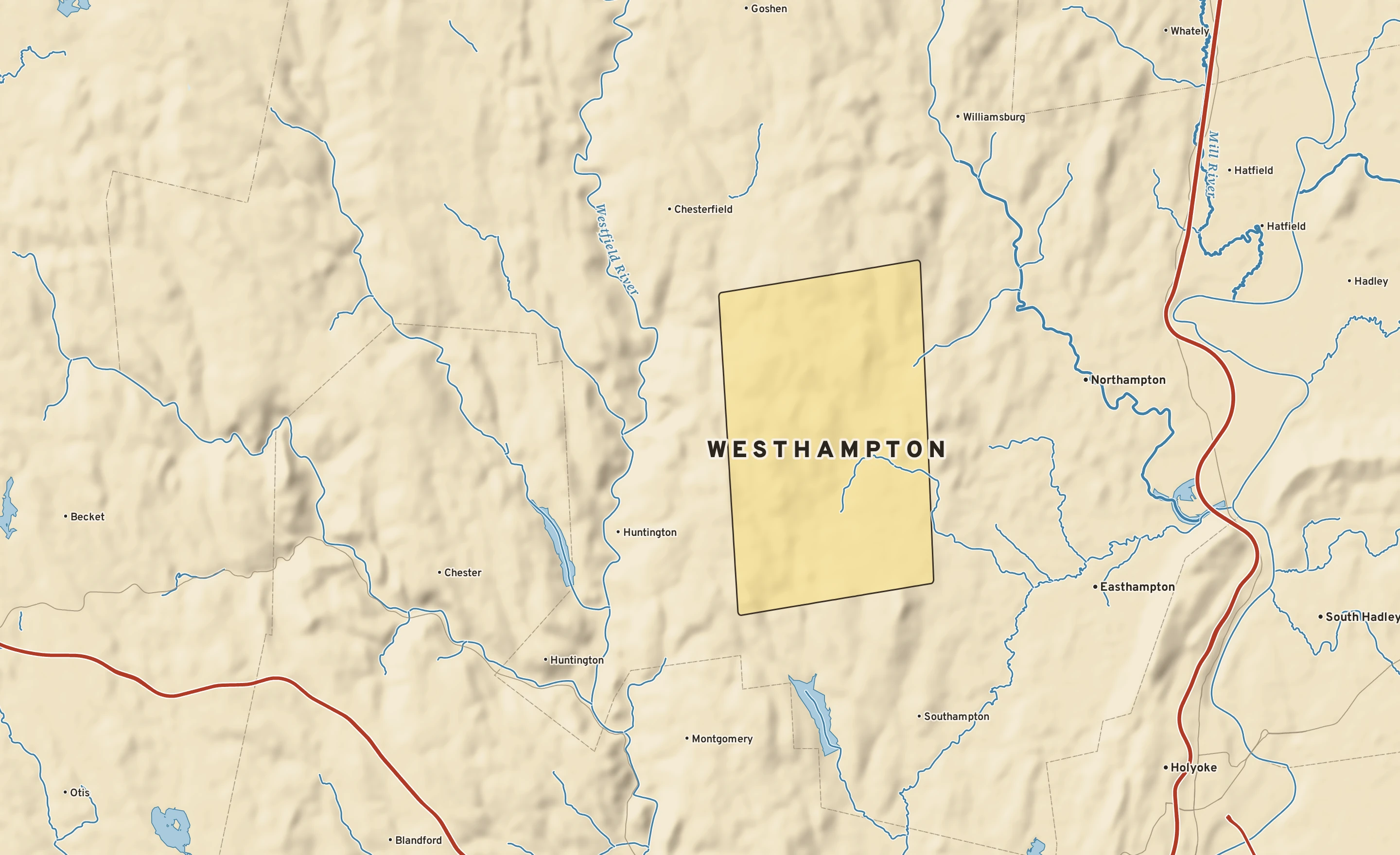 Shaded-relief atlas plate of Westhampton, Massachusetts: rivers, roads, the city limits and where the water drains.