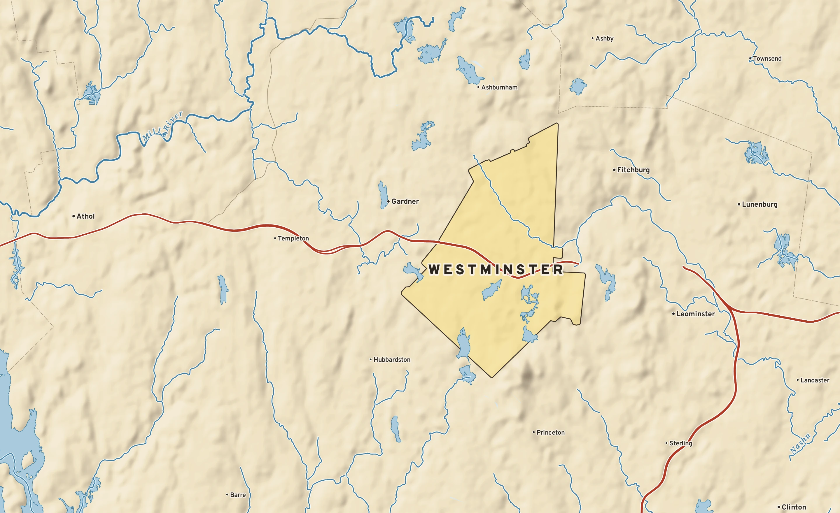 Shaded-relief atlas plate of Westminster, Massachusetts: rivers, roads, the city limits and where the water drains.