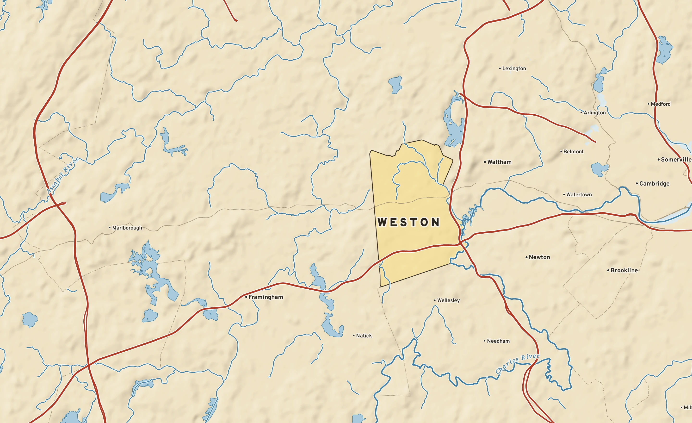 Shaded-relief atlas plate of Weston, Massachusetts: rivers, roads, the city limits and where the water drains.