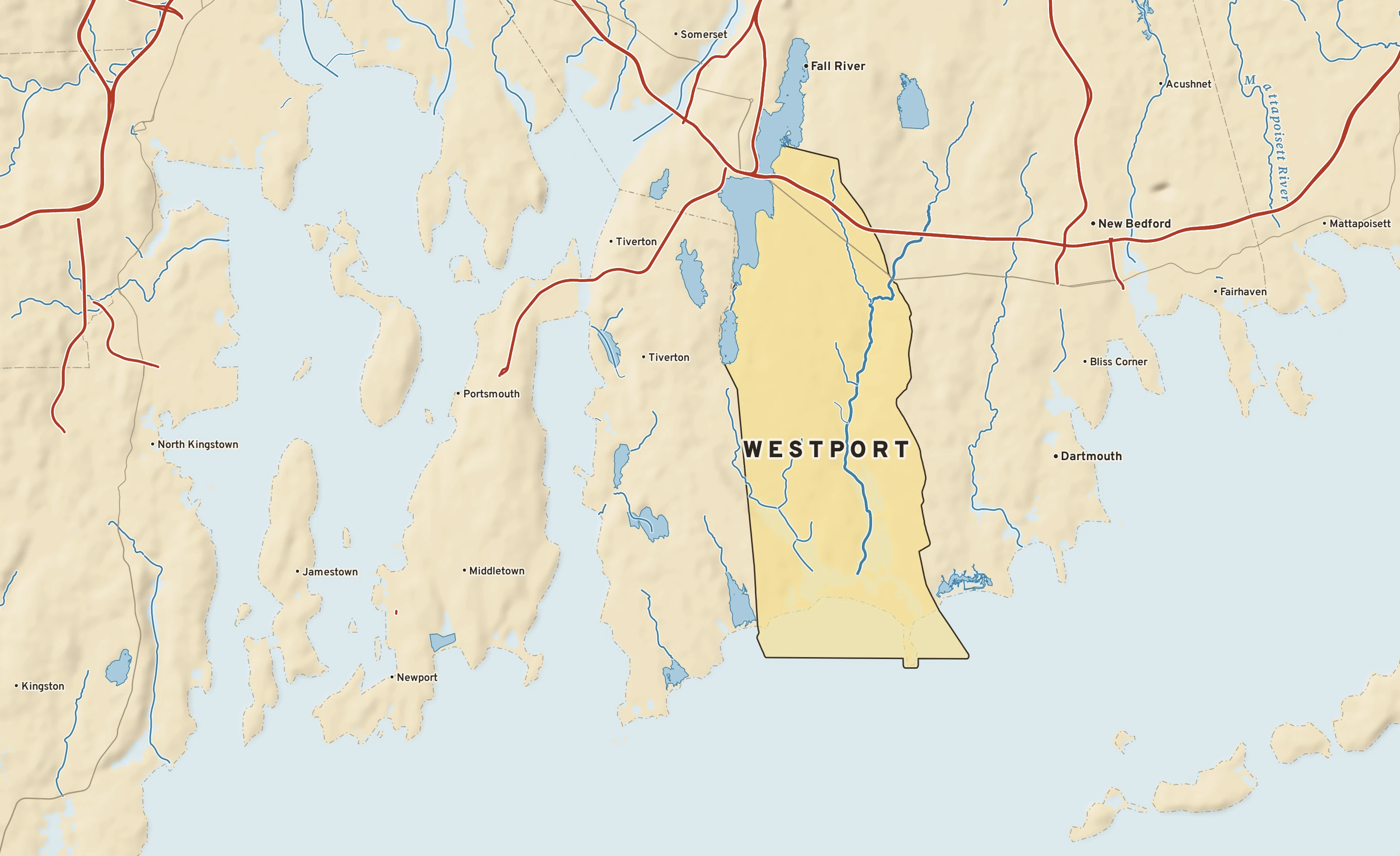 Shaded-relief atlas plate of Westport, Massachusetts: rivers, roads, the city limits and where the water drains.
