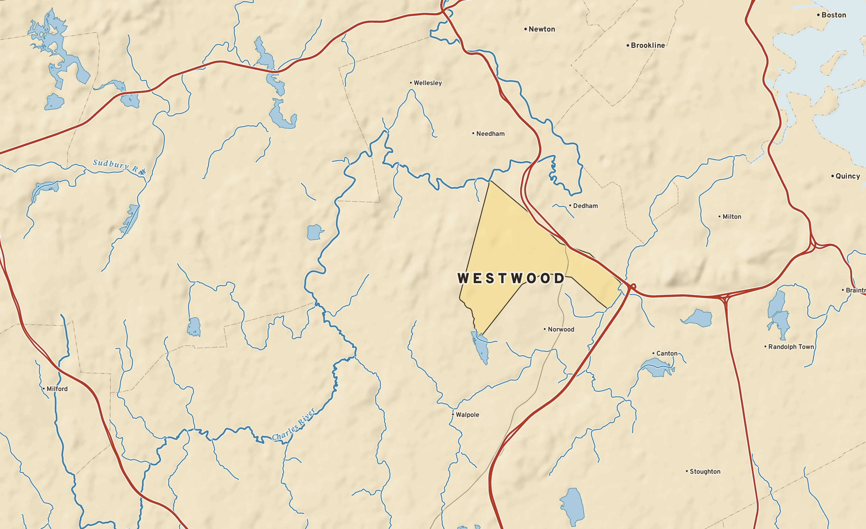 Shaded-relief atlas plate of Westwood, Massachusetts: rivers, roads, the city limits and where the water drains.