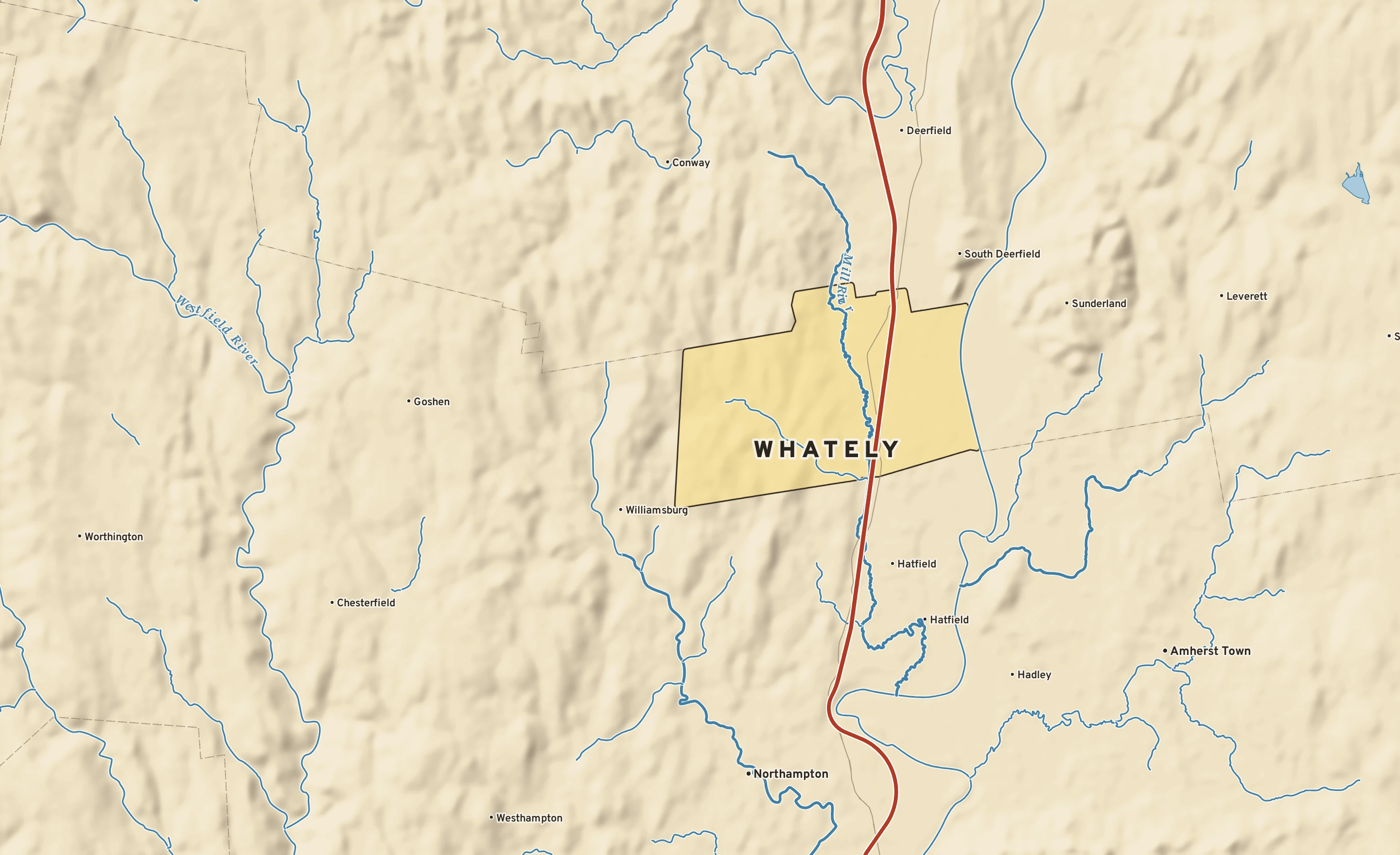 Shaded-relief atlas plate of Whately, Massachusetts: rivers, roads, the city limits and where the water drains.