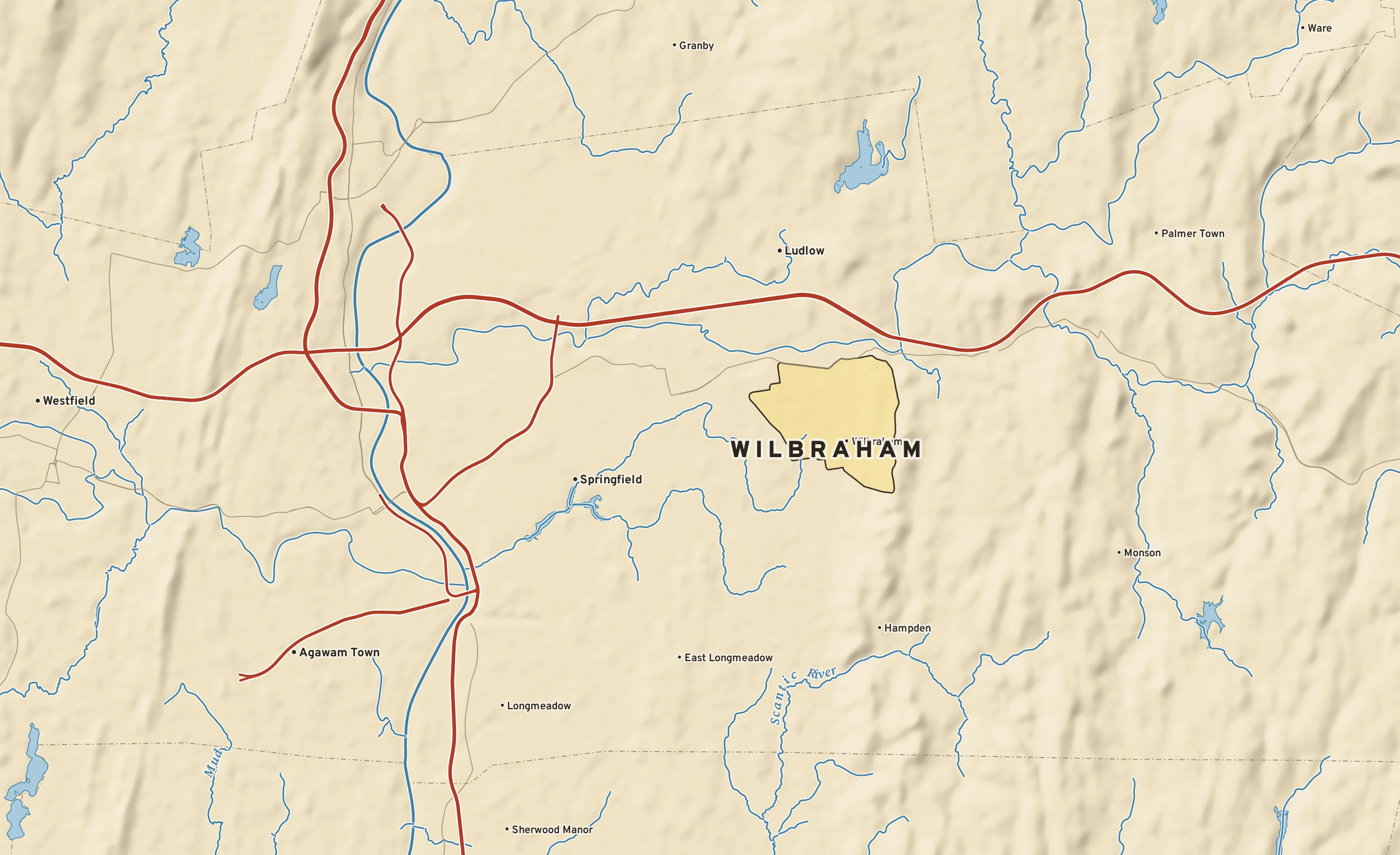 Shaded-relief atlas plate of Wilbraham, Massachusetts: rivers, roads, the city limits and where the water drains.