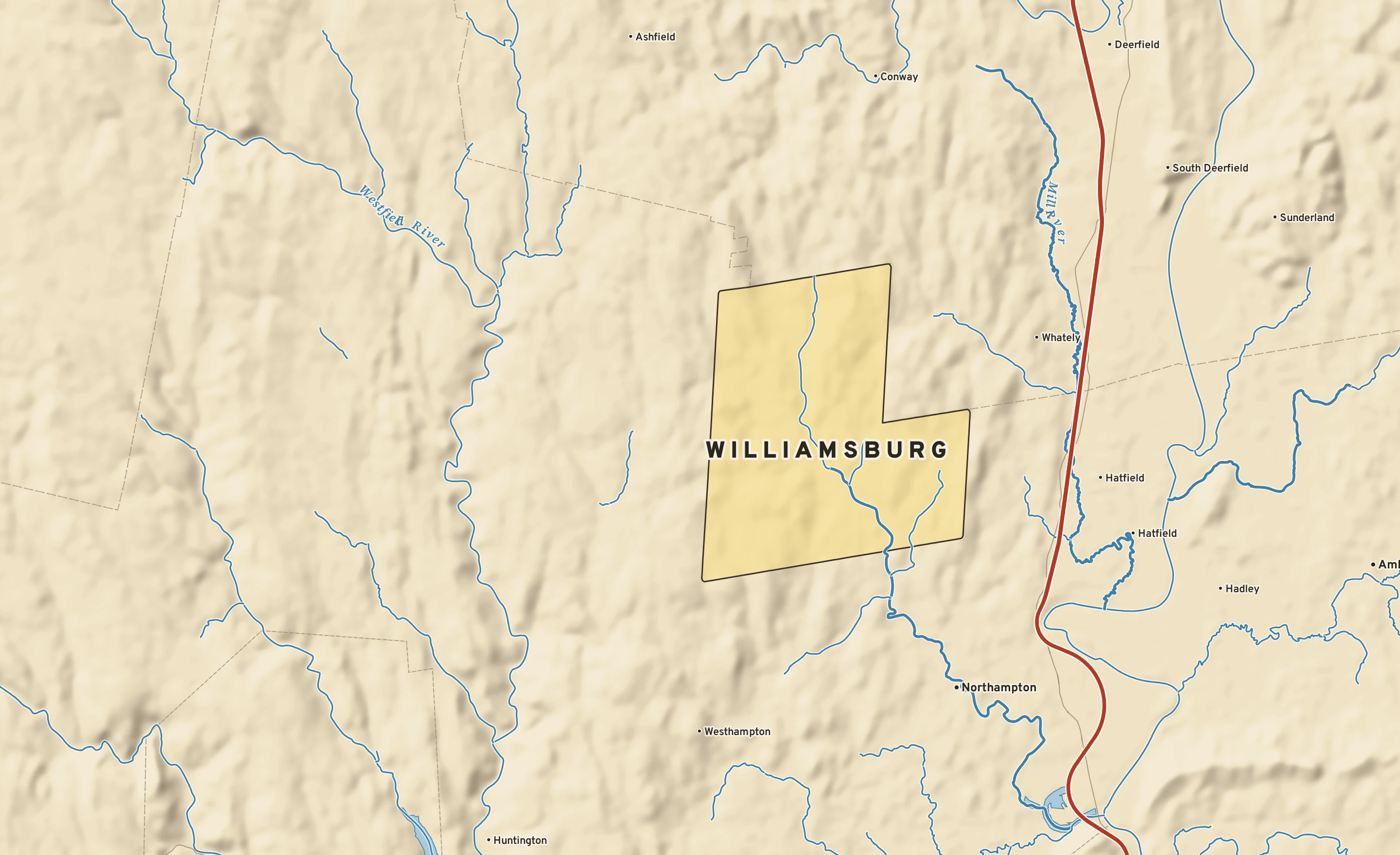 Shaded-relief atlas plate of Williamsburg, Massachusetts: rivers, roads, the city limits and where the water drains.