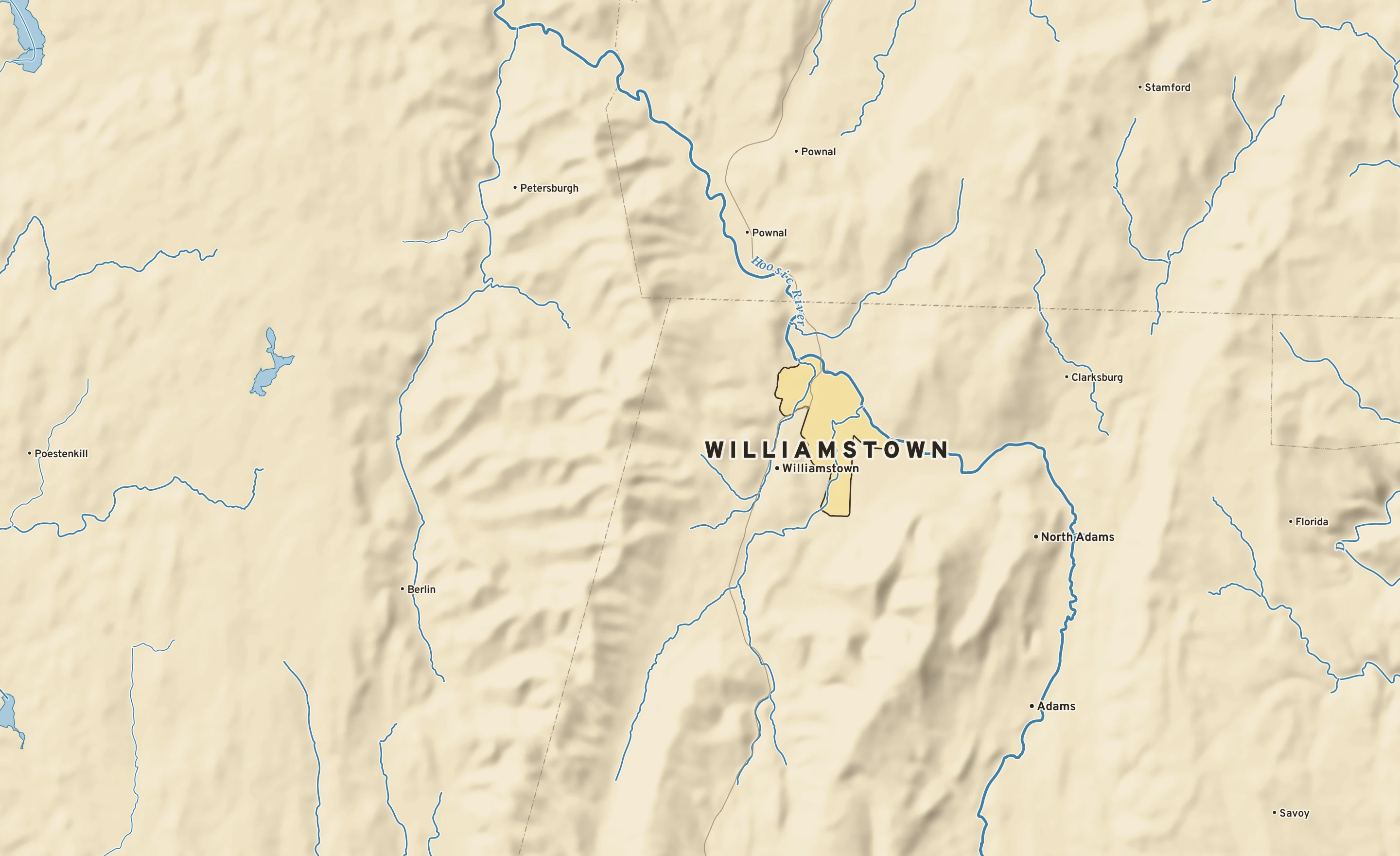 Shaded-relief atlas plate of Williamstown, Massachusetts: rivers, roads, the city limits and where the water drains.