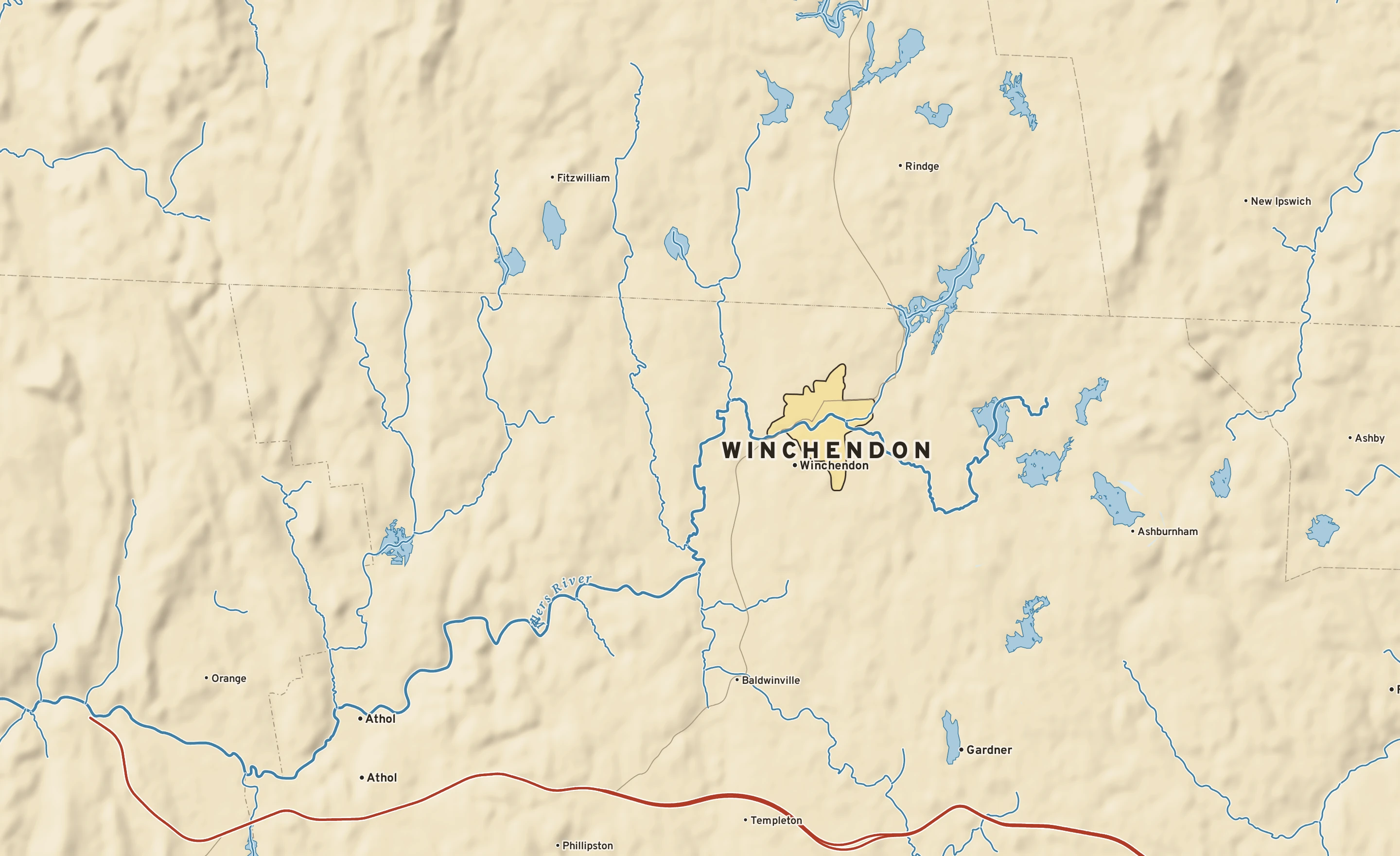 Shaded-relief atlas plate of Winchendon, Massachusetts: rivers, roads, the city limits and where the water drains.
