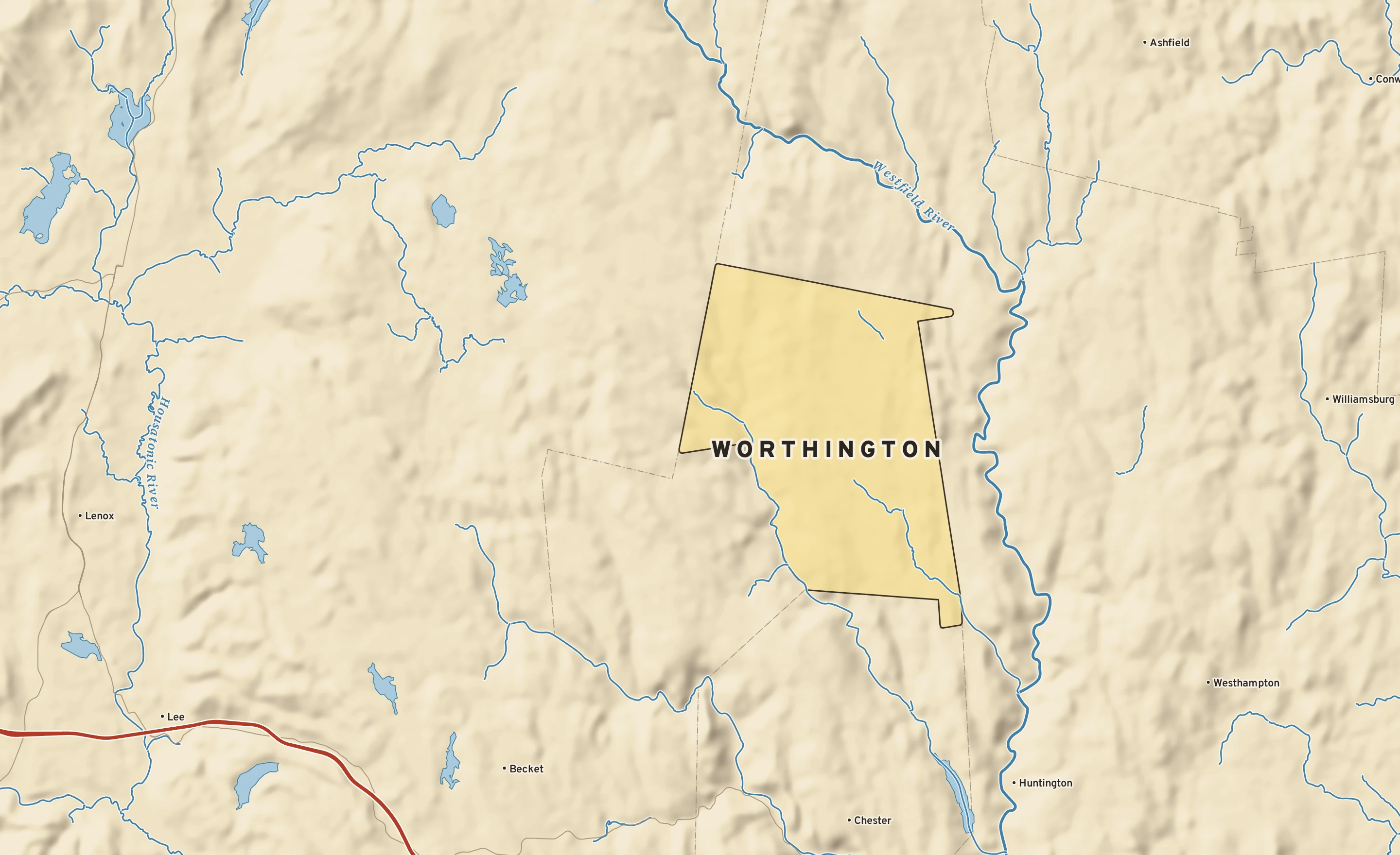 Shaded-relief atlas plate of Worthington, Massachusetts: rivers, roads, the city limits and where the water drains.