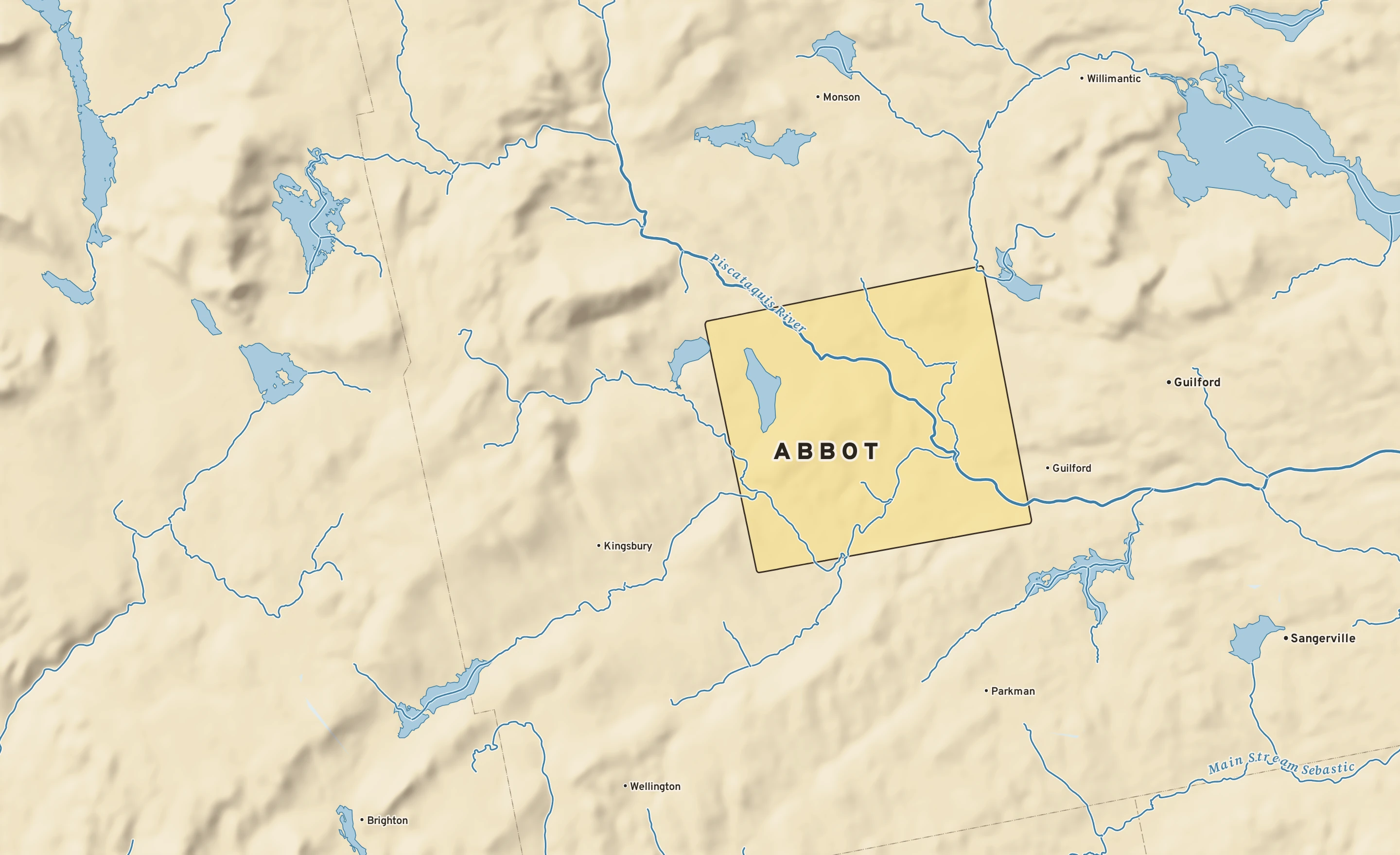 Shaded-relief atlas plate of Abbot, Maine: rivers, roads, the city limits and where the water drains.