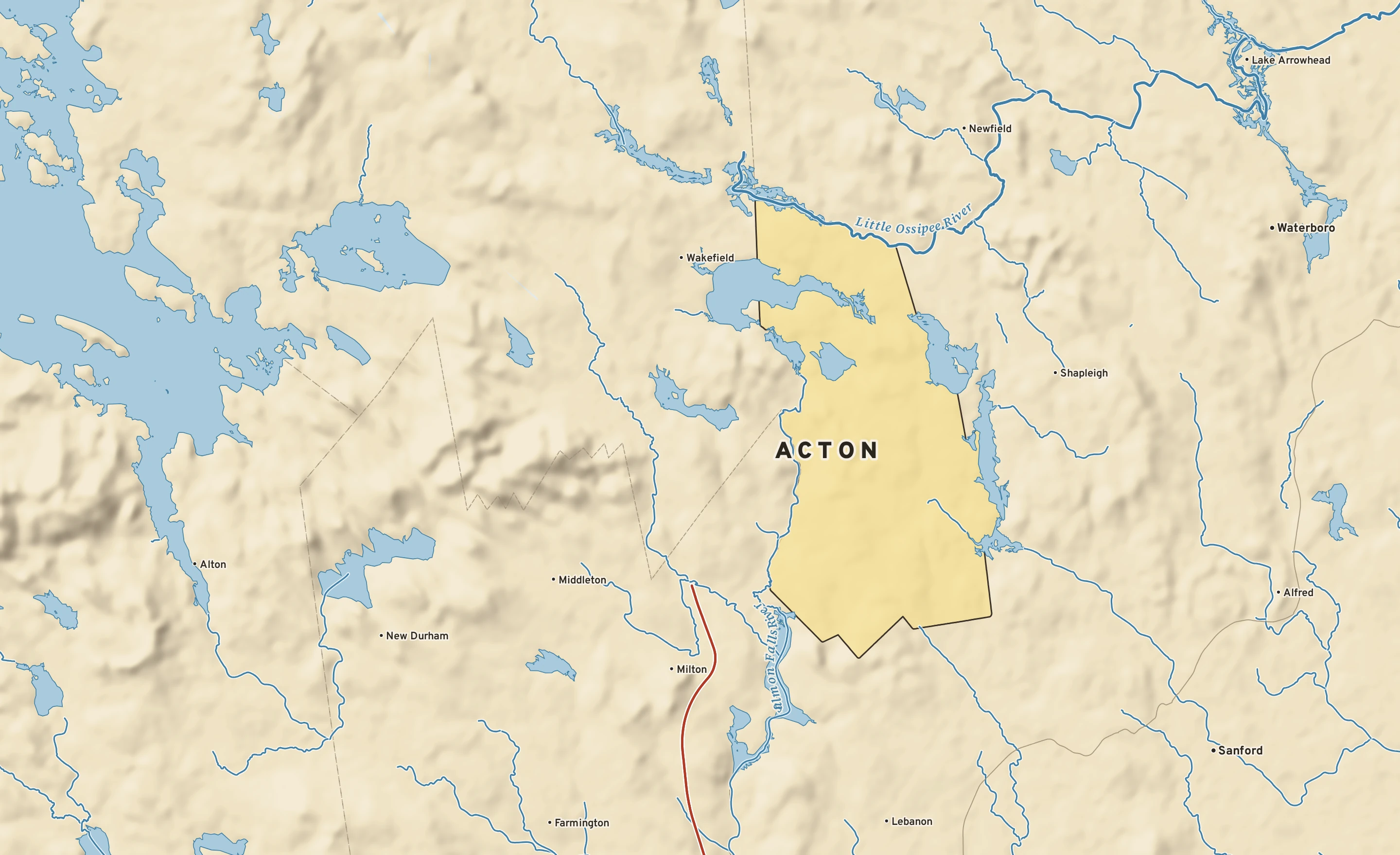 Shaded-relief atlas plate of Acton, Maine: rivers, roads, the city limits and where the water drains.