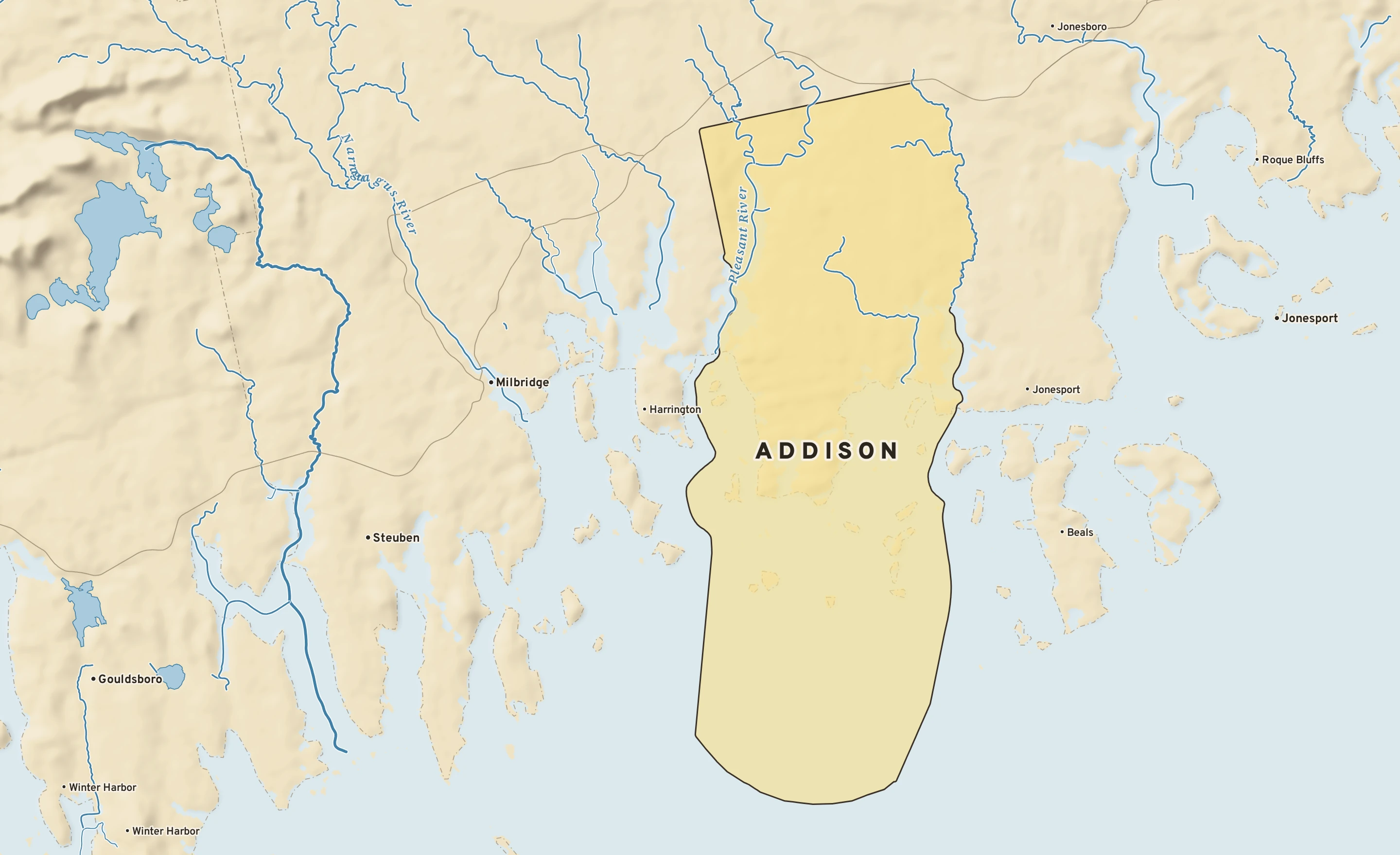 Shaded-relief atlas plate of Addison, Maine: rivers, roads, the city limits and where the water drains.