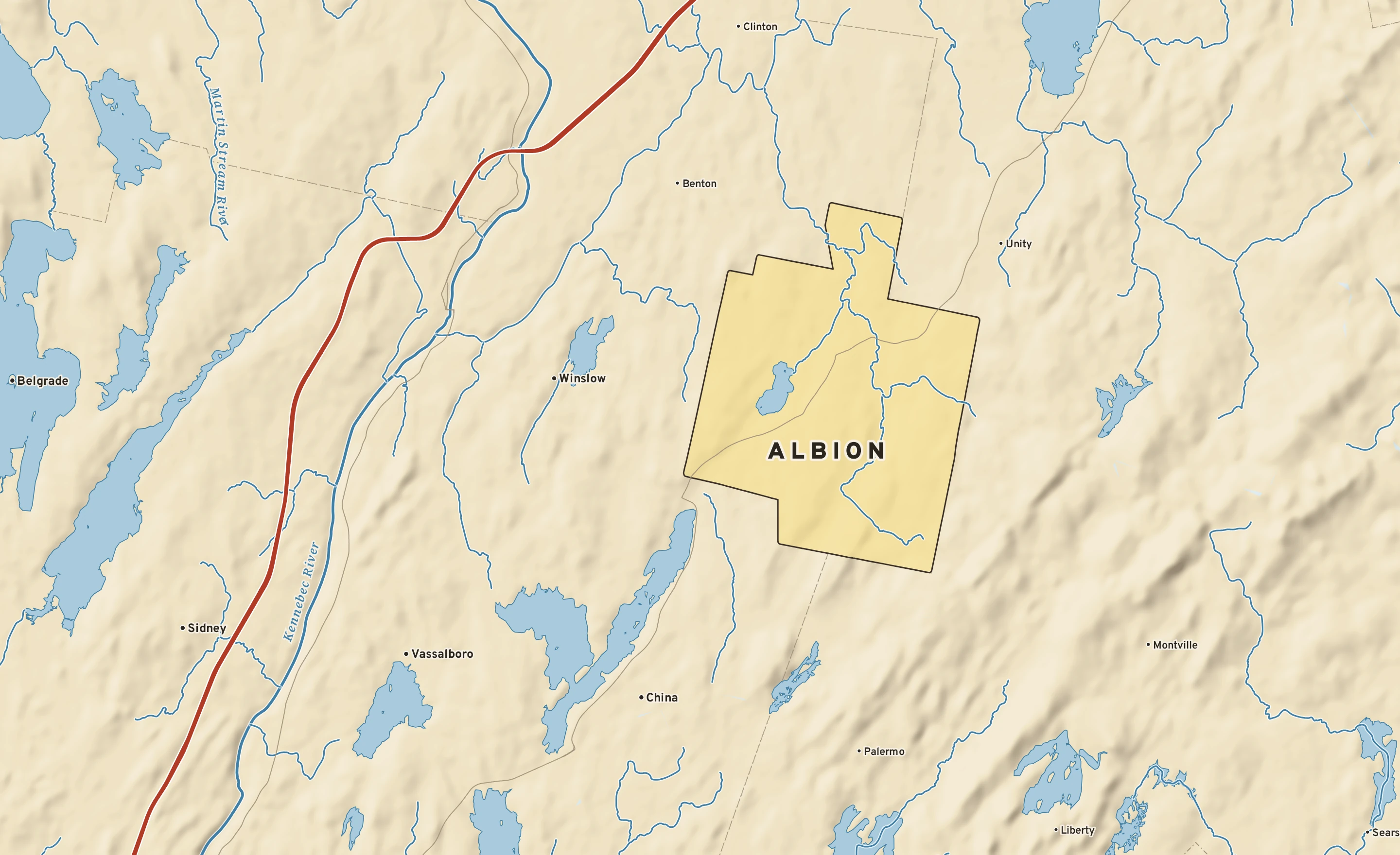 Shaded-relief atlas plate of Albion, Maine: rivers, roads, the city limits and where the water drains.