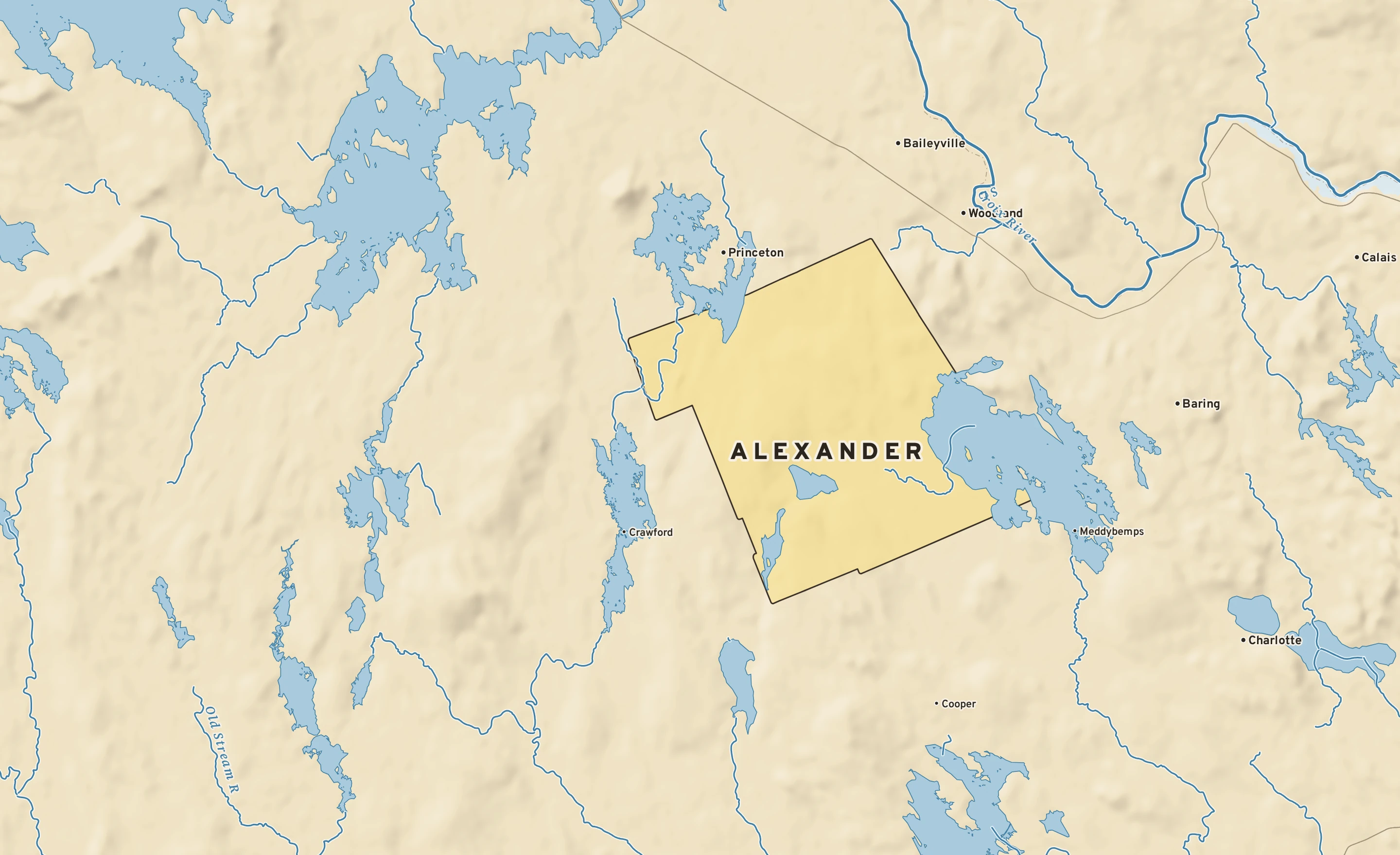 Shaded-relief atlas plate of Alexander, Maine: rivers, roads, the city limits and where the water drains.