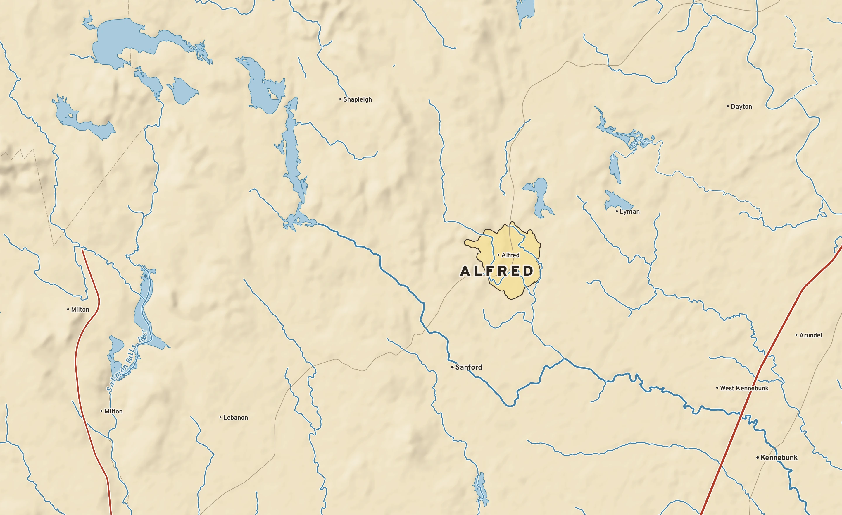 Shaded-relief atlas plate of Alfred, Maine: rivers, roads, the city limits and where the water drains.