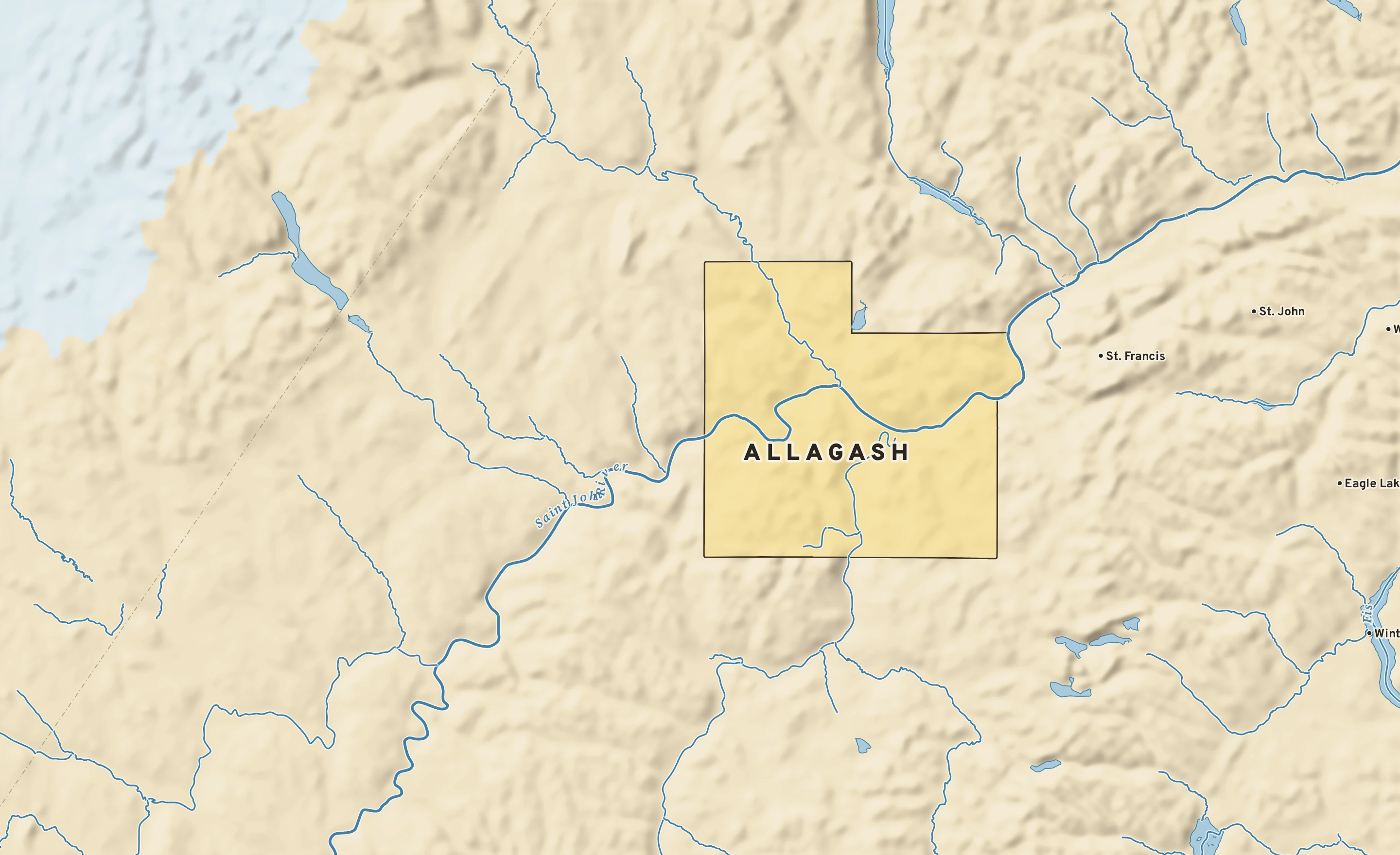 Shaded-relief atlas plate of Allagash, Maine: rivers, roads, the city limits and where the water drains.