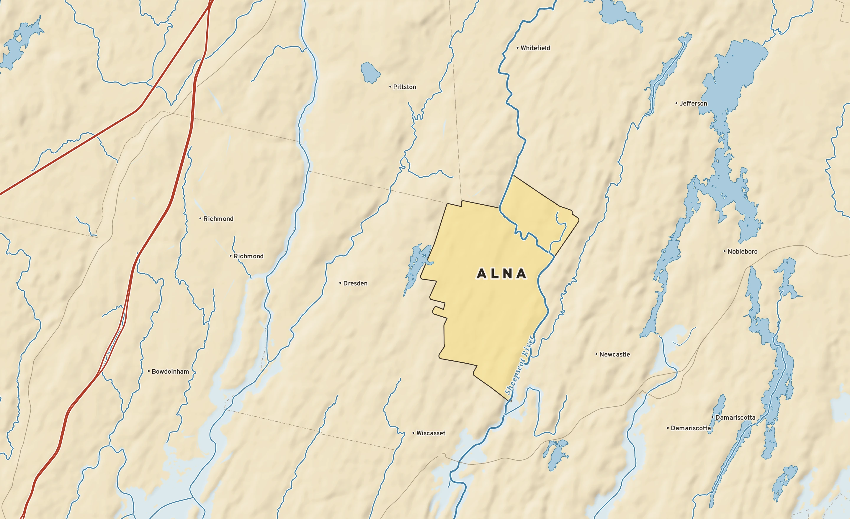 Shaded-relief atlas plate of Alna, Maine: rivers, roads, the city limits and where the water drains.