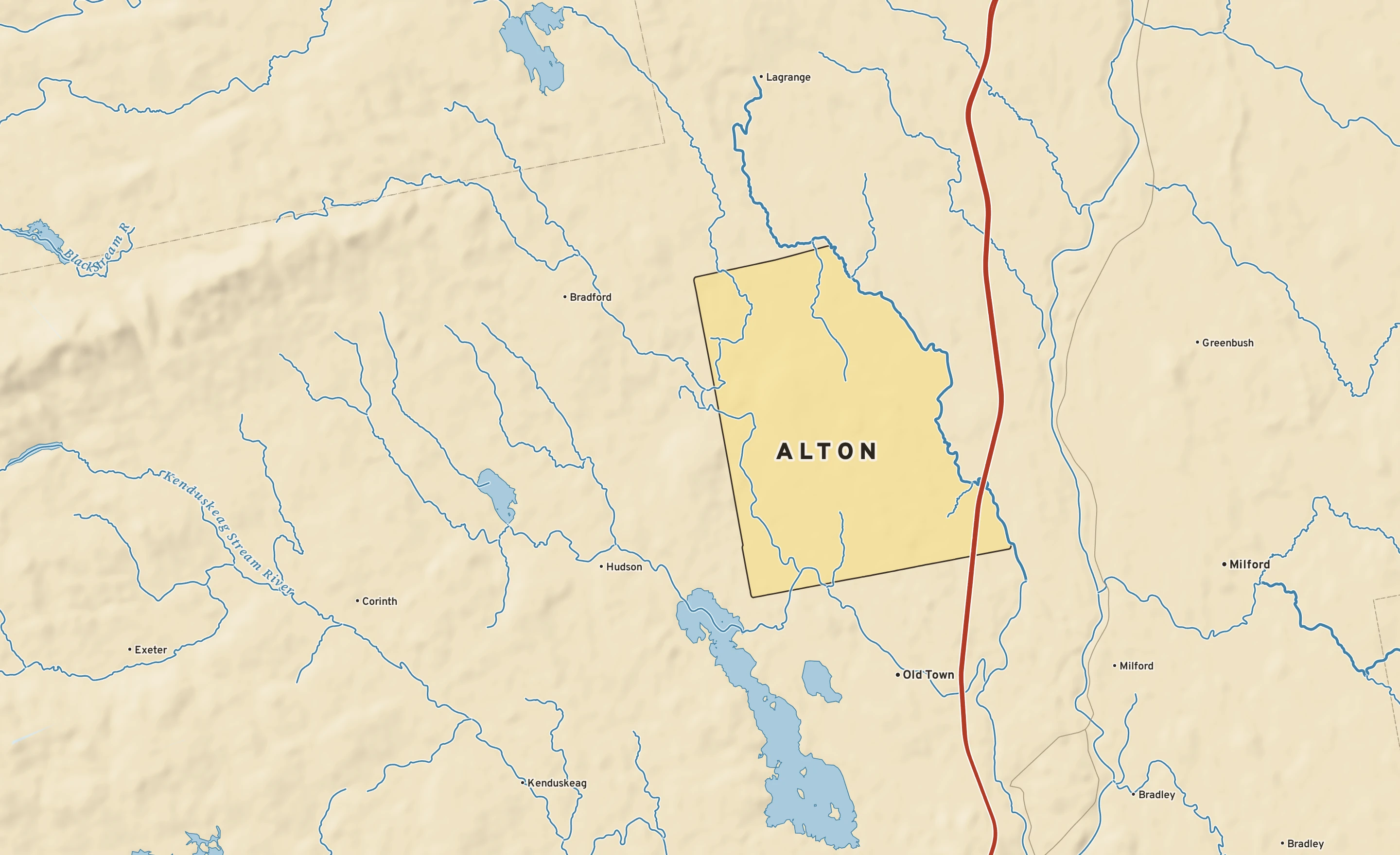 Shaded-relief atlas plate of Alton, Maine: rivers, roads, the city limits and where the water drains.