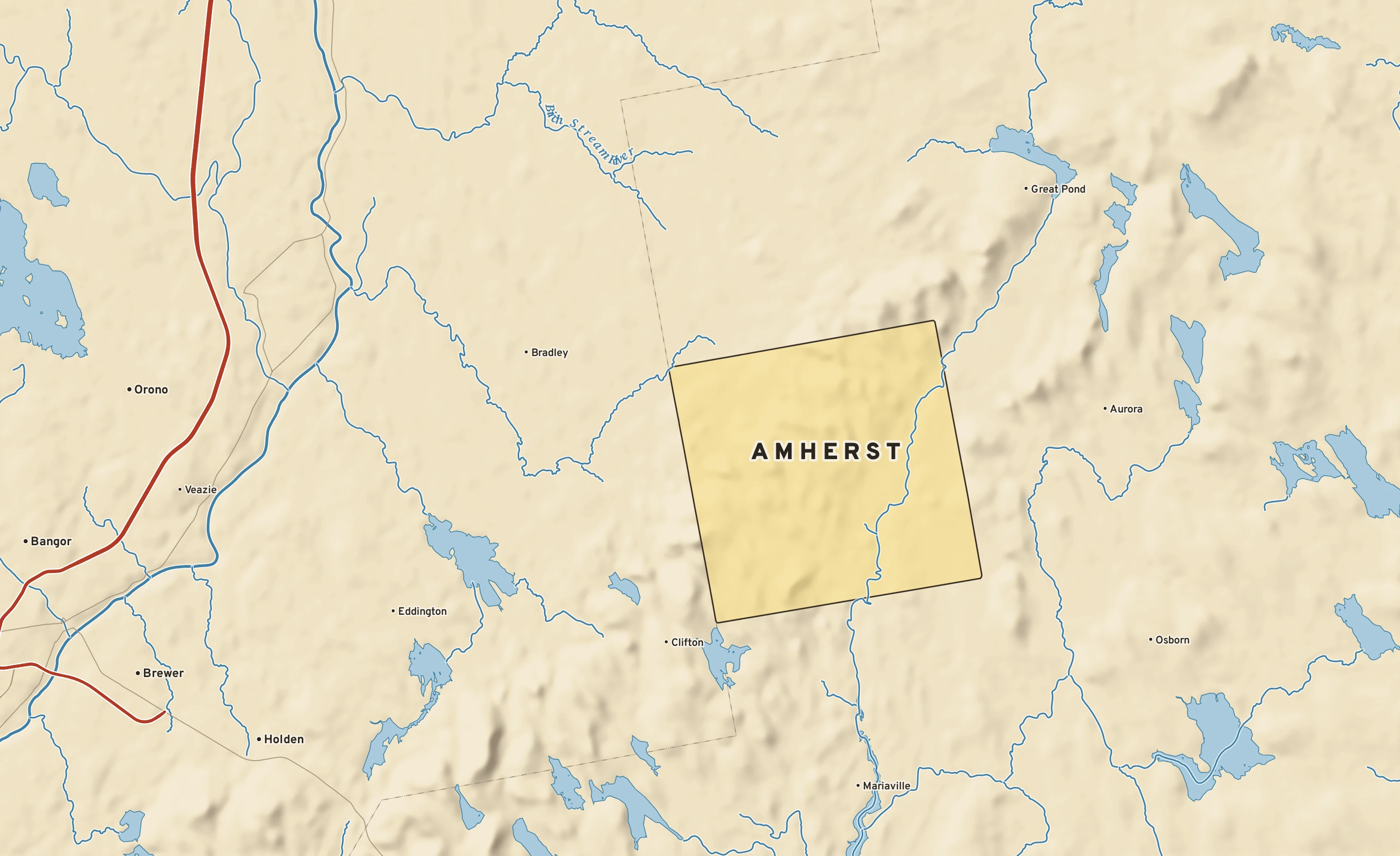 Shaded-relief atlas plate of Amherst, Maine: rivers, roads, the city limits and where the water drains.