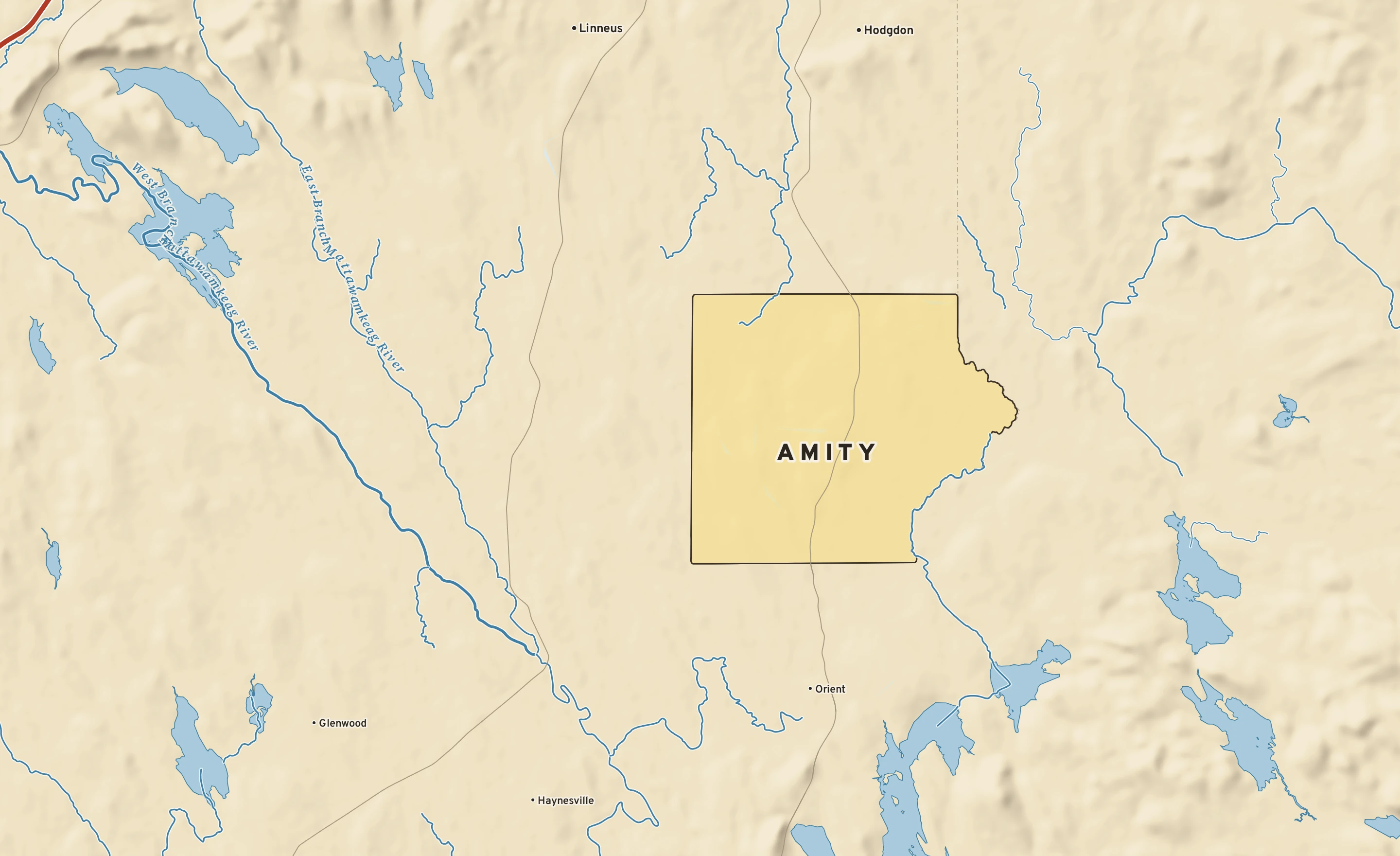Shaded-relief atlas plate of Amity, Maine: rivers, roads, the city limits and where the water drains.