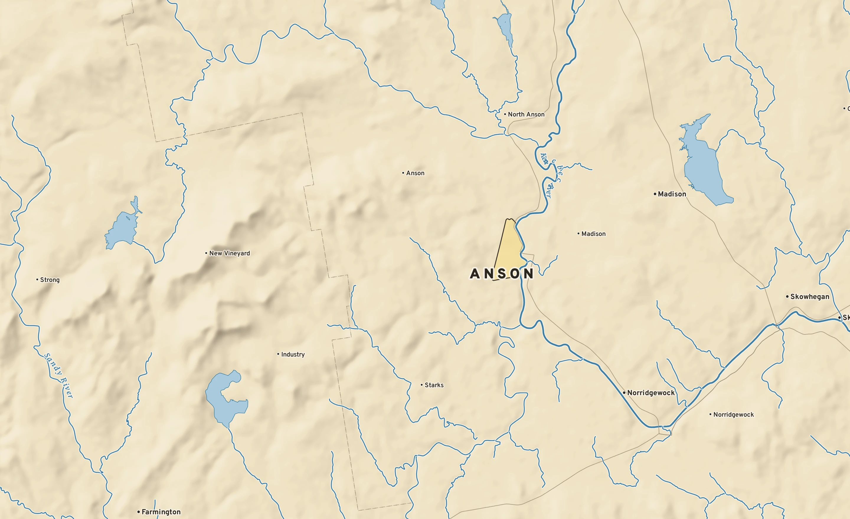 Shaded-relief atlas plate of Anson, Maine: rivers, roads, the city limits and where the water drains.