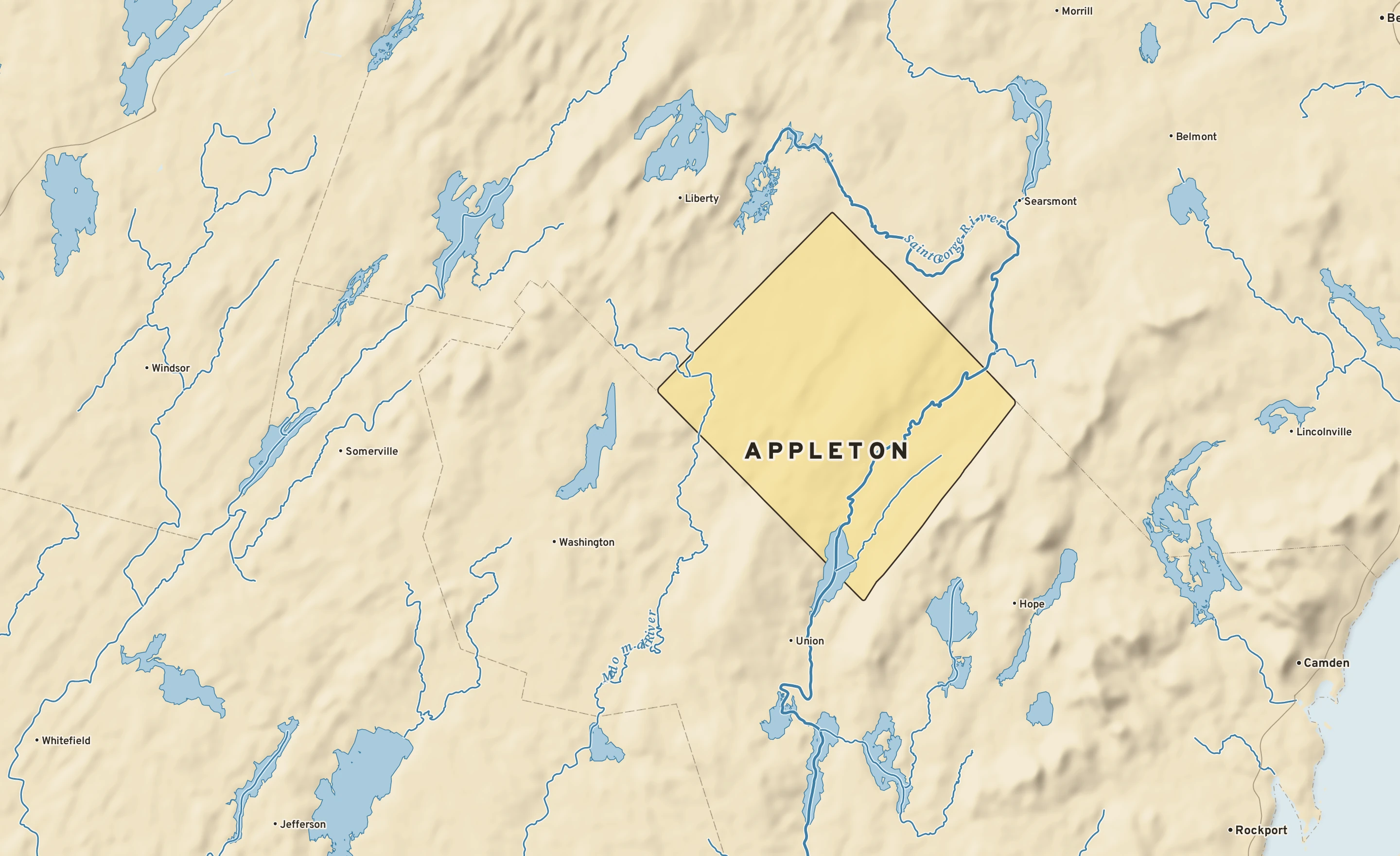 Shaded-relief atlas plate of Appleton, Maine: rivers, roads, the city limits and where the water drains.