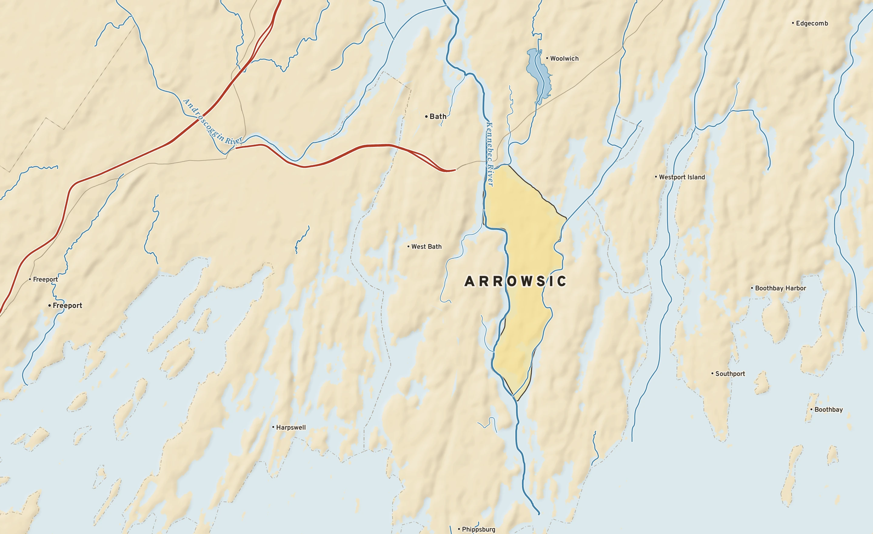 Shaded-relief atlas plate of Arrowsic, Maine: rivers, roads, the city limits and where the water drains.
