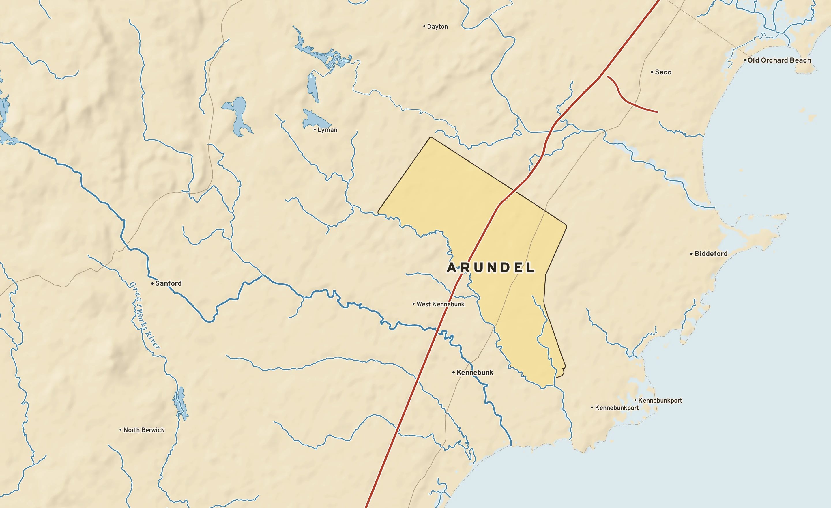 Shaded-relief atlas plate of Arundel, Maine: rivers, roads, the city limits and where the water drains.