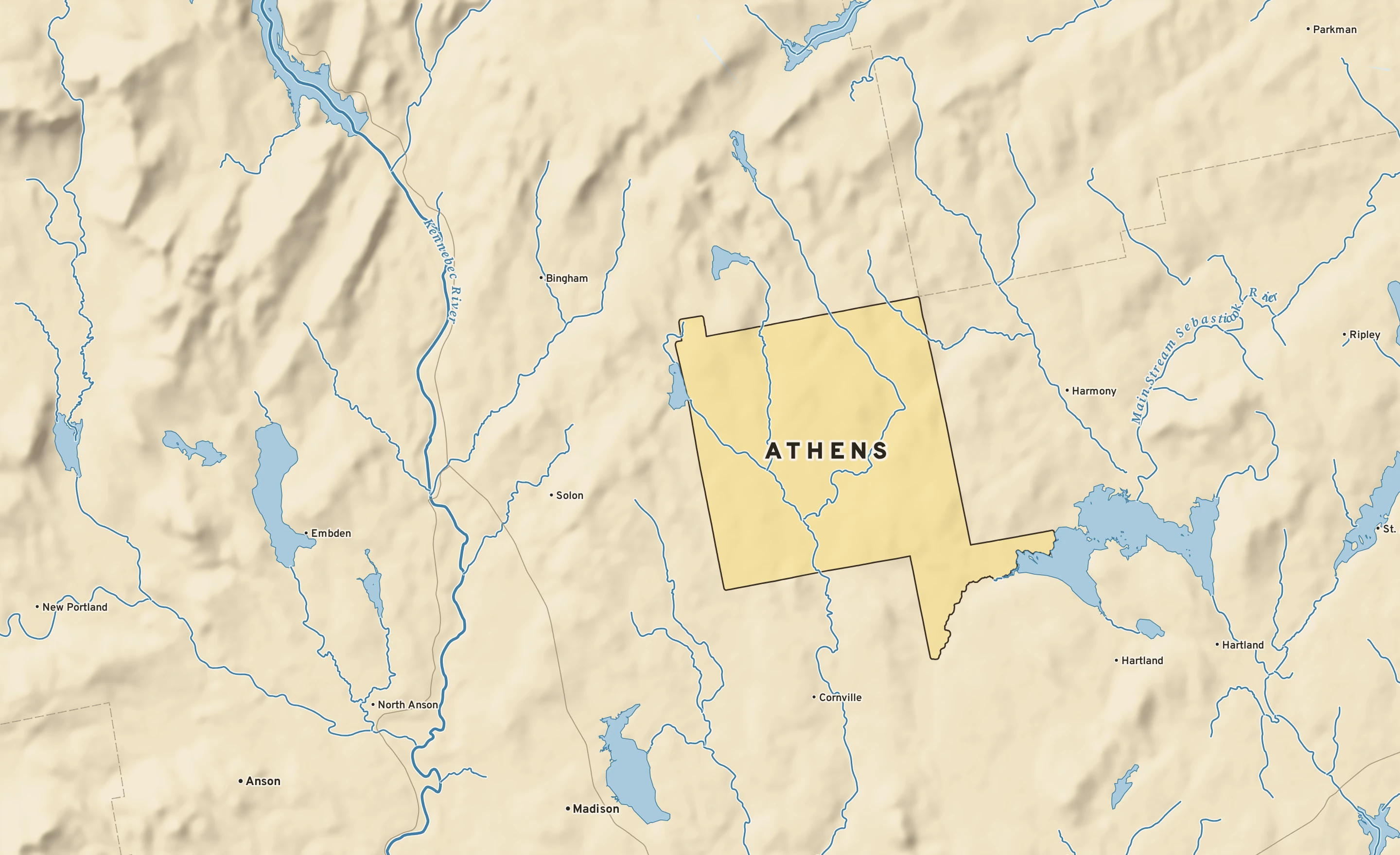 Shaded-relief atlas plate of Athens, Maine: rivers, roads, the city limits and where the water drains.