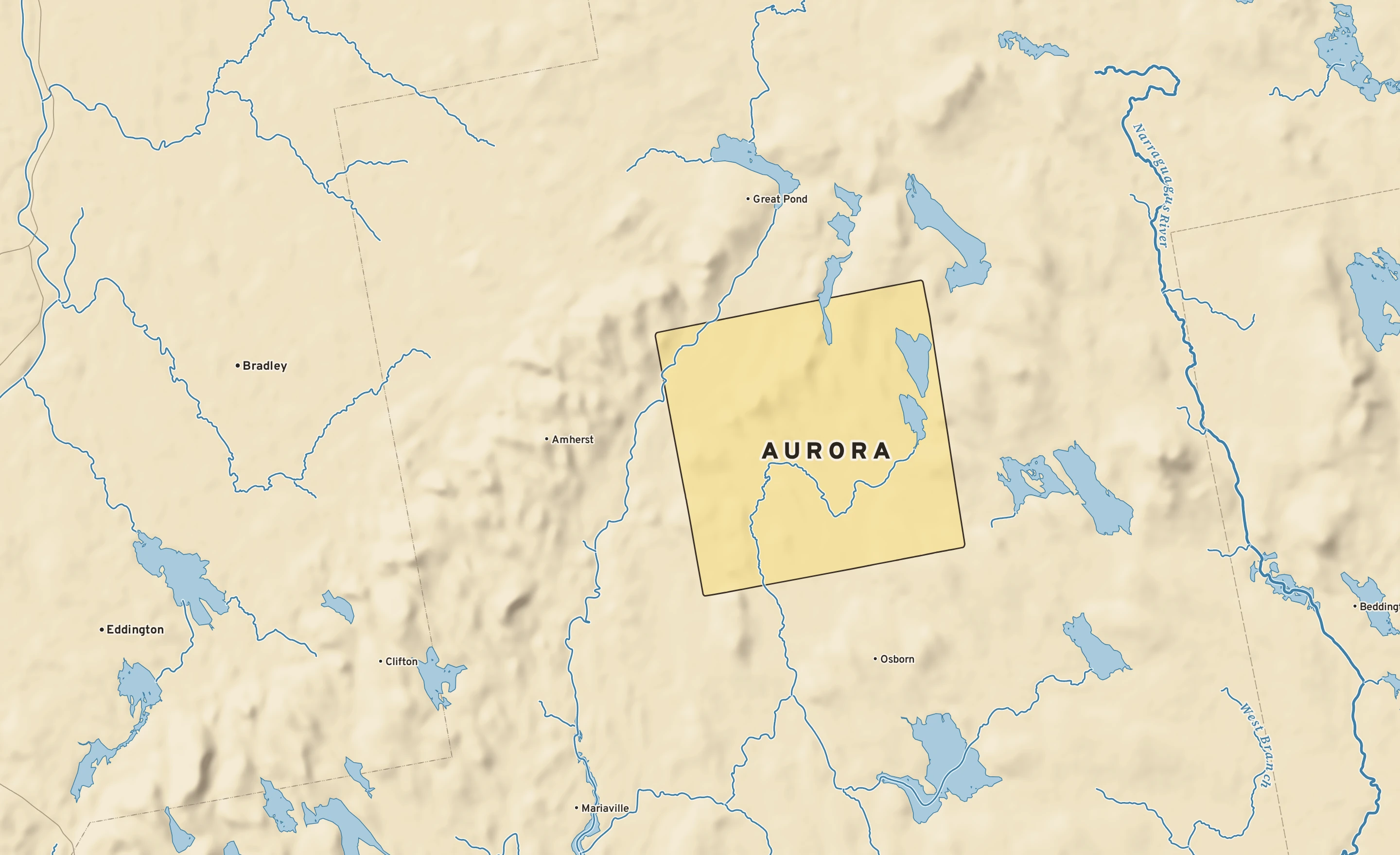 Shaded-relief atlas plate of Aurora, Maine: rivers, roads, the city limits and where the water drains.