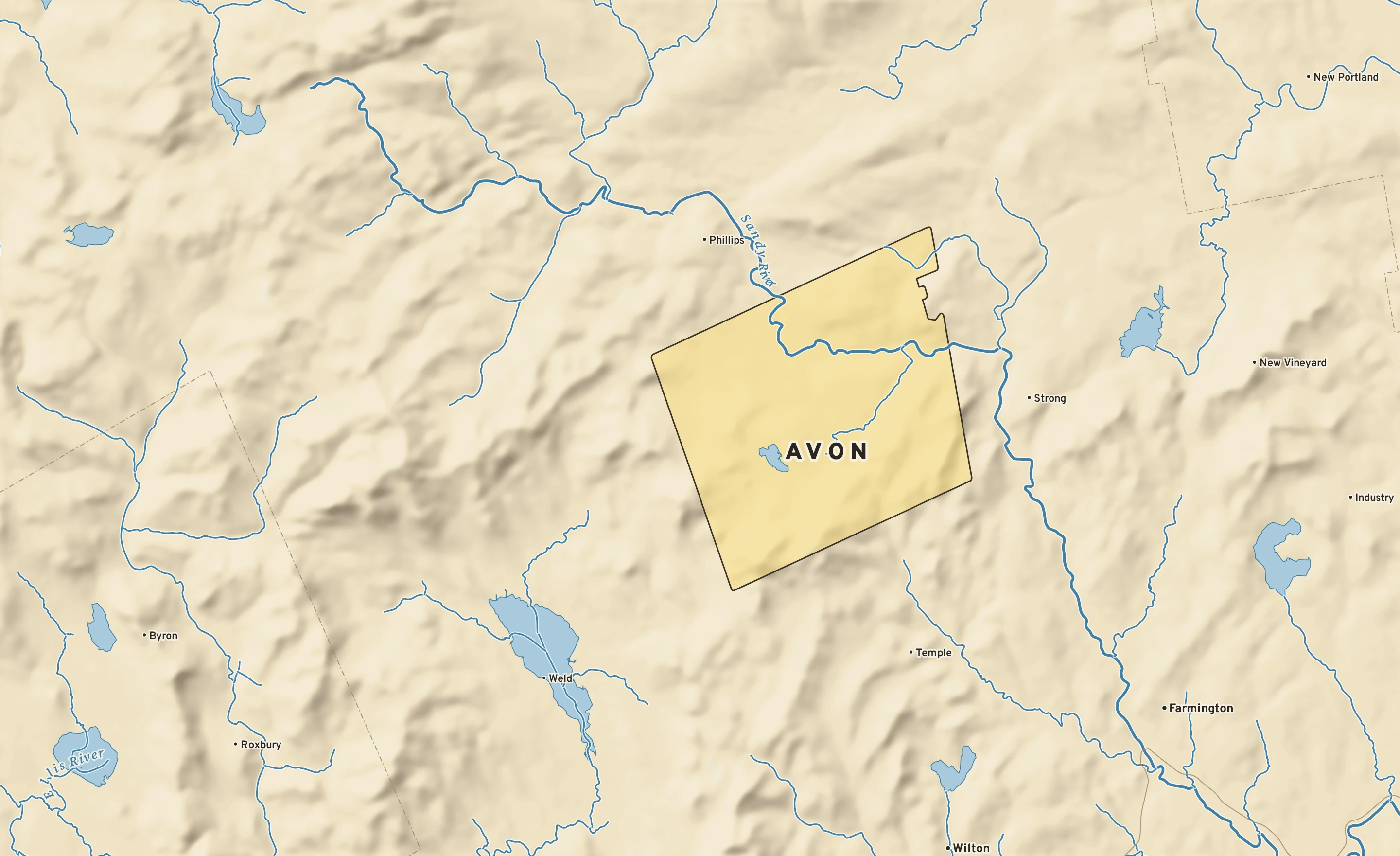 Shaded-relief atlas plate of Avon, Maine: rivers, roads, the city limits and where the water drains.