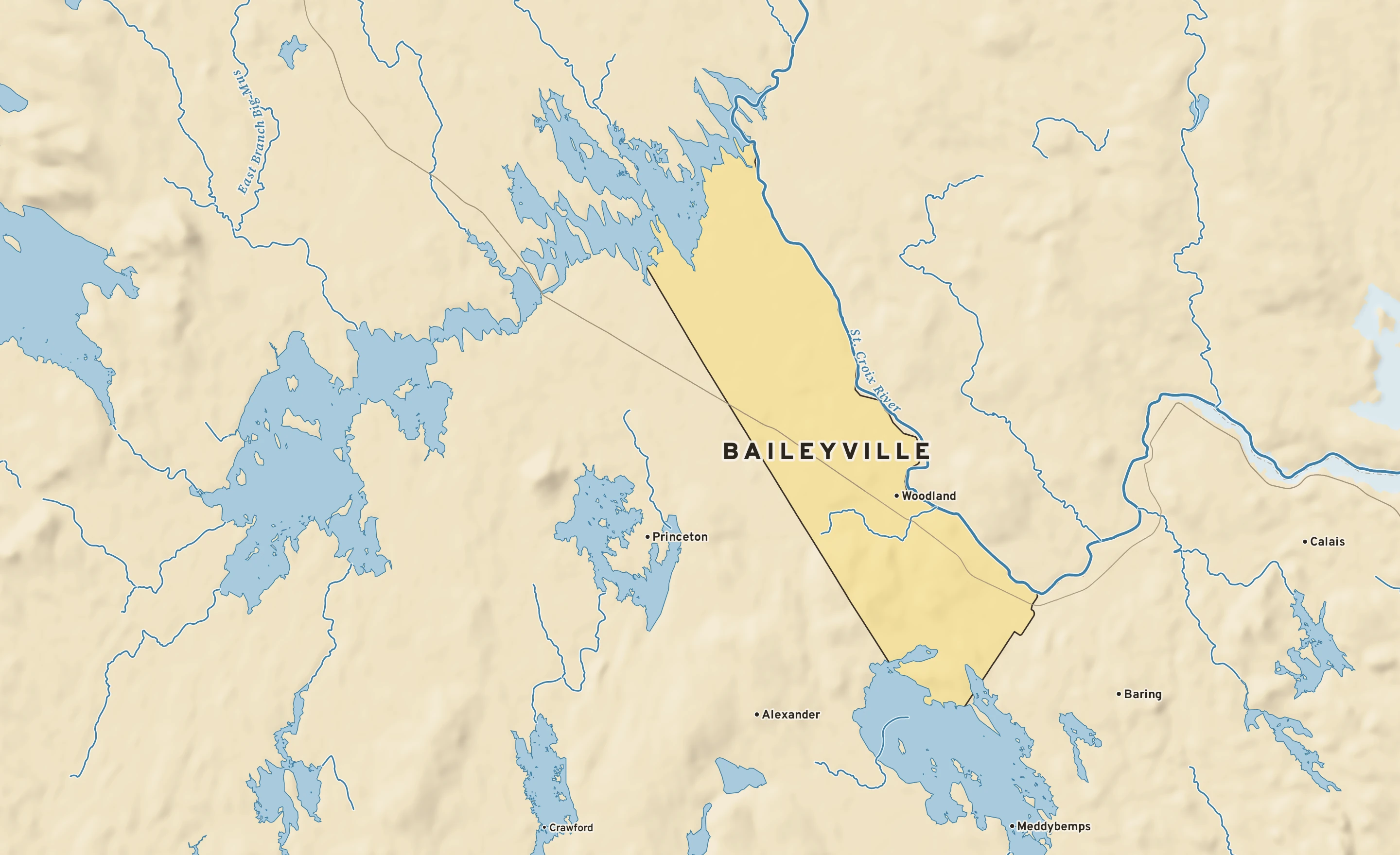 Shaded-relief atlas plate of Baileyville, Maine: rivers, roads, the city limits and where the water drains.
