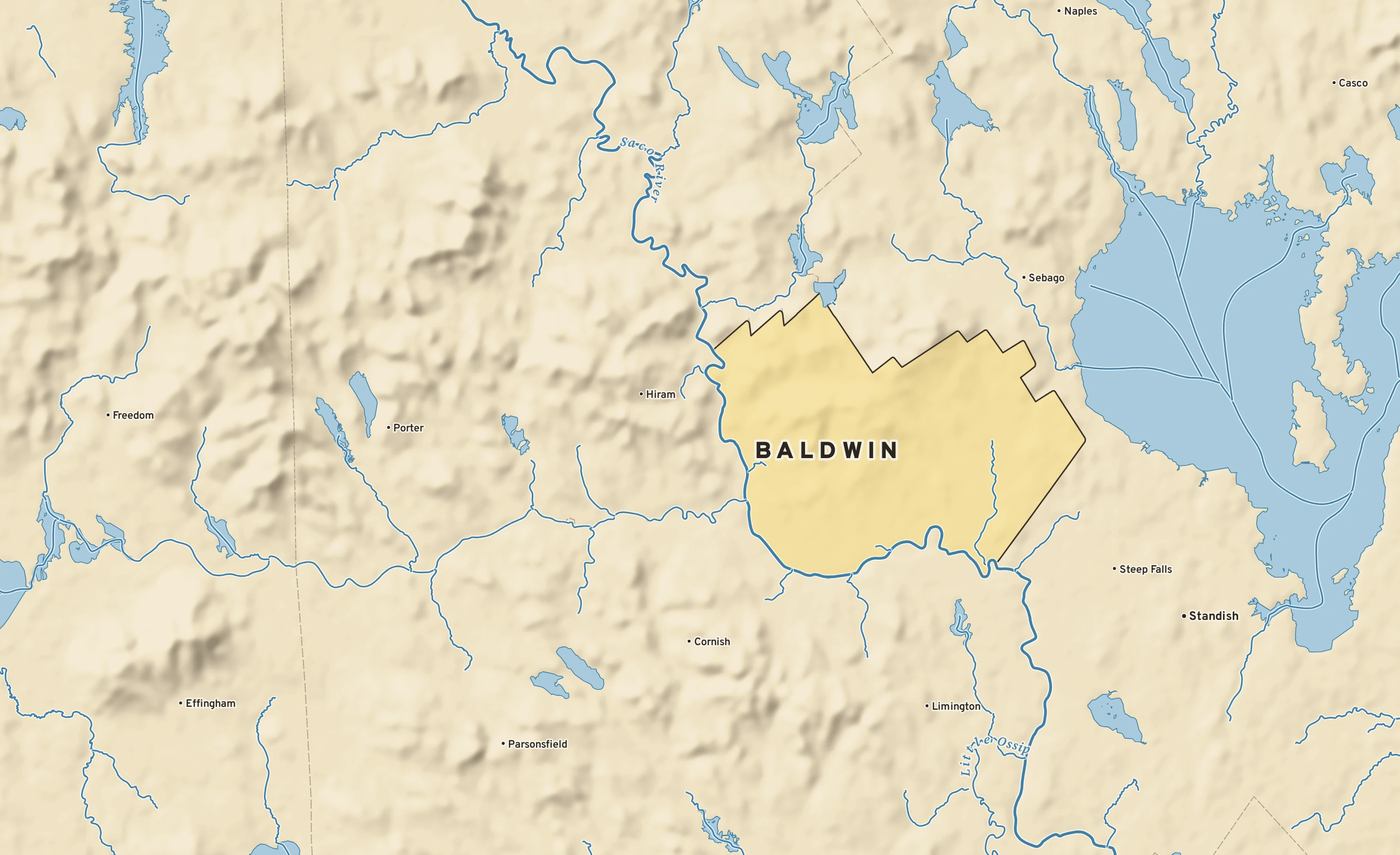 Shaded-relief atlas plate of Baldwin, Maine: rivers, roads, the city limits and where the water drains.